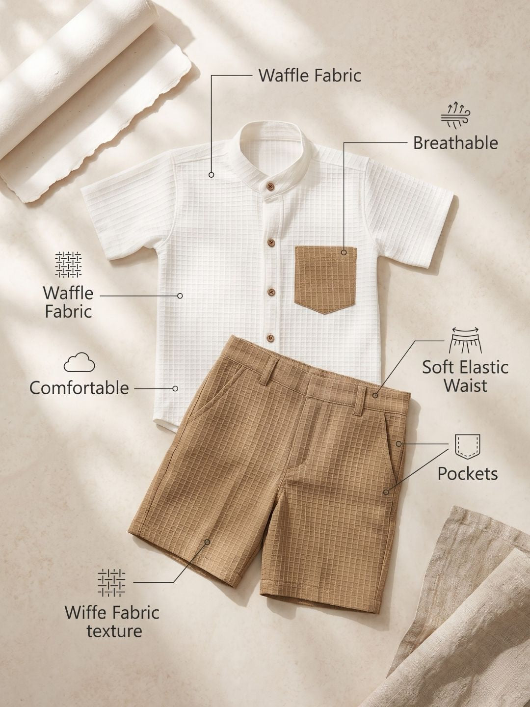 AJ Dezines Brown Box Textured Waffle Fabric Cotton Blend Co-Ords For Boys