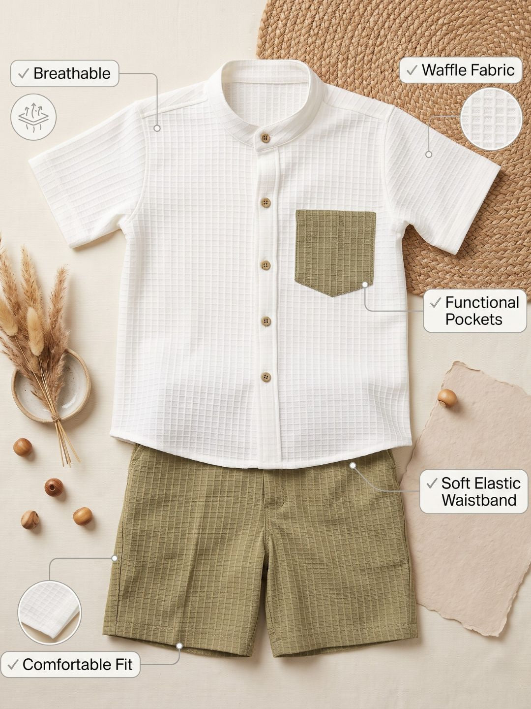 AJ Dezines Green Box Textured Waffle Fabric Cotton Blend Co-Ords For Boys
