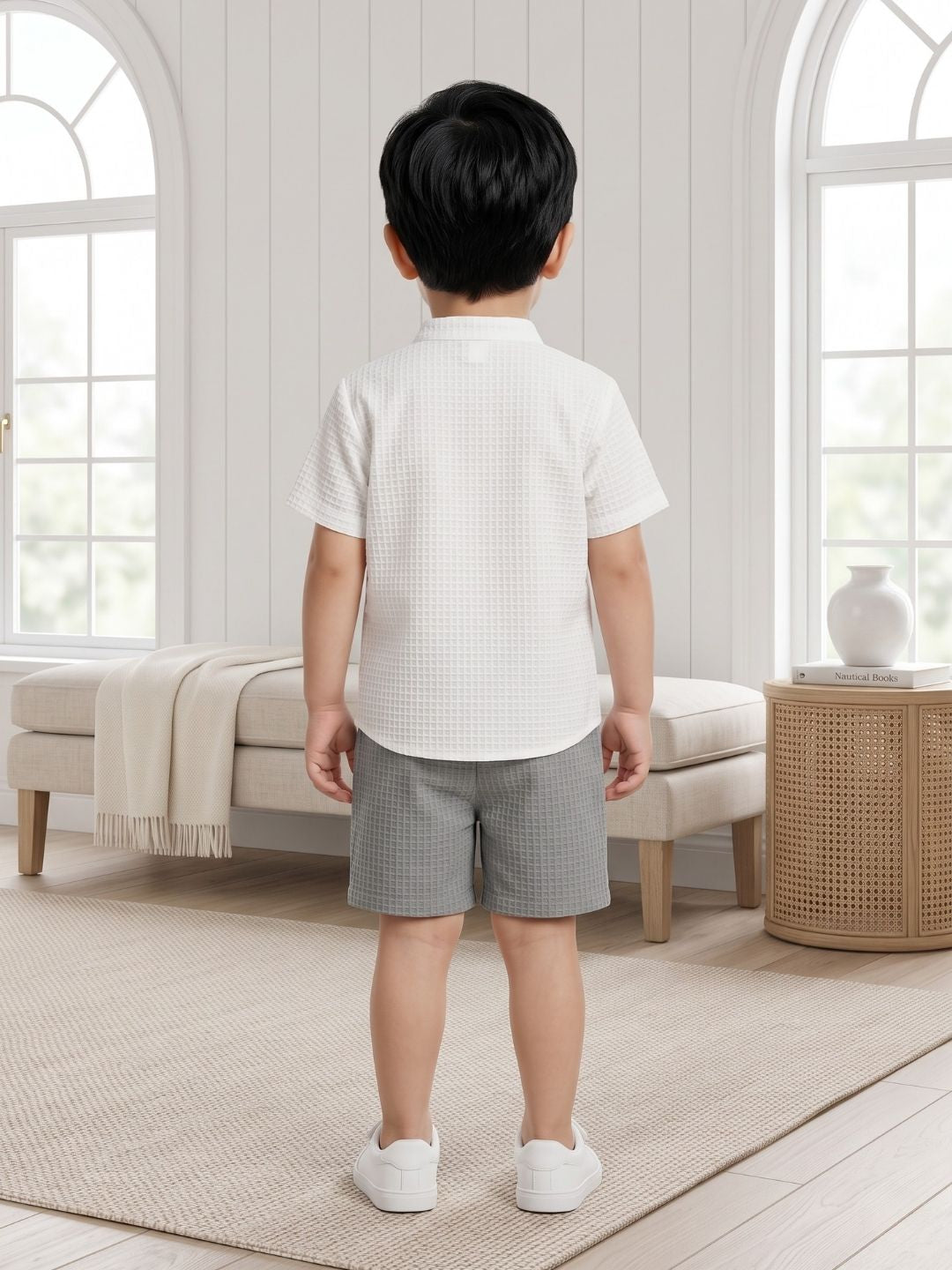 AJ Dezines Grey Box Textured Waffle Fabric Cotton Blend Co-Ords For Boys