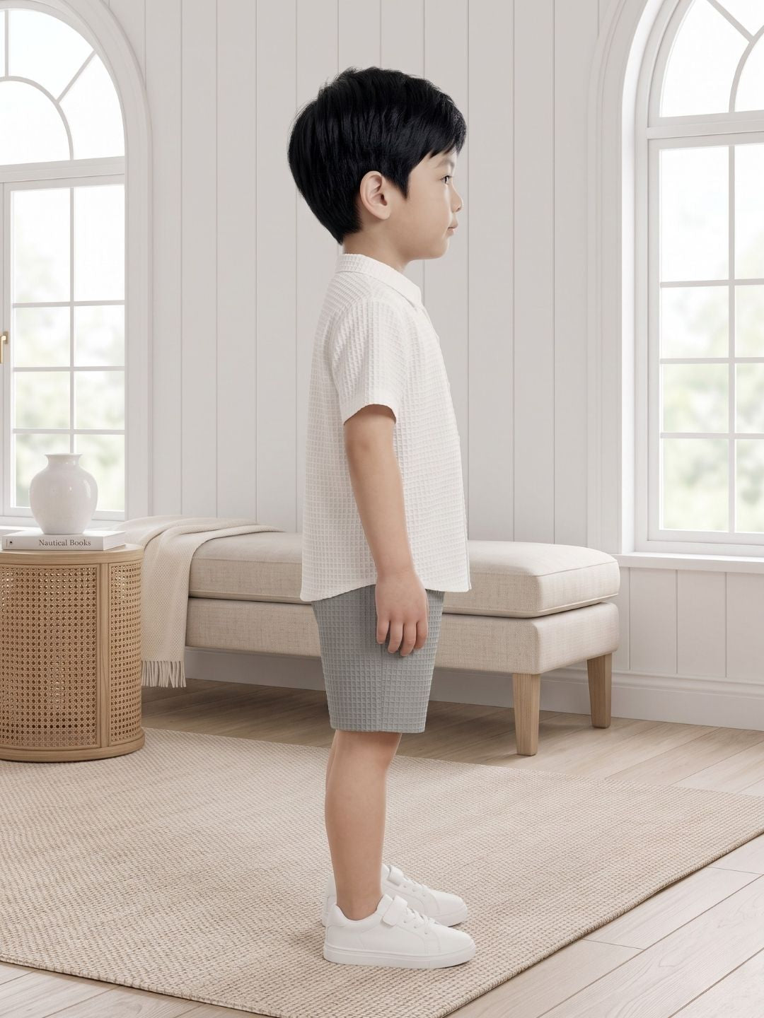 AJ Dezines Grey Box Textured Waffle Fabric Cotton Blend Co-Ords For Boys