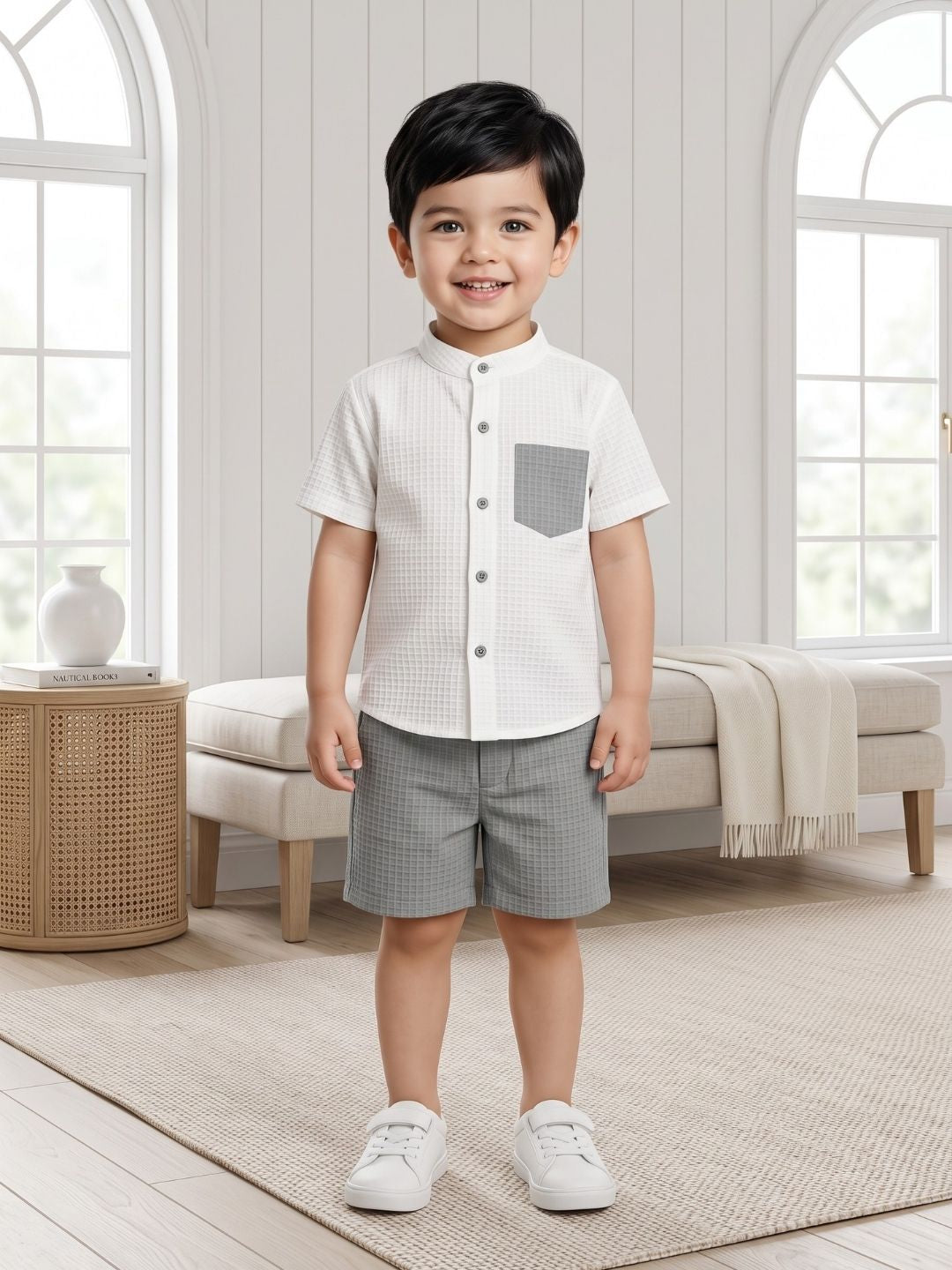 AJ Dezines Grey Box Textured Waffle Fabric Cotton Blend Co-Ords For Boys