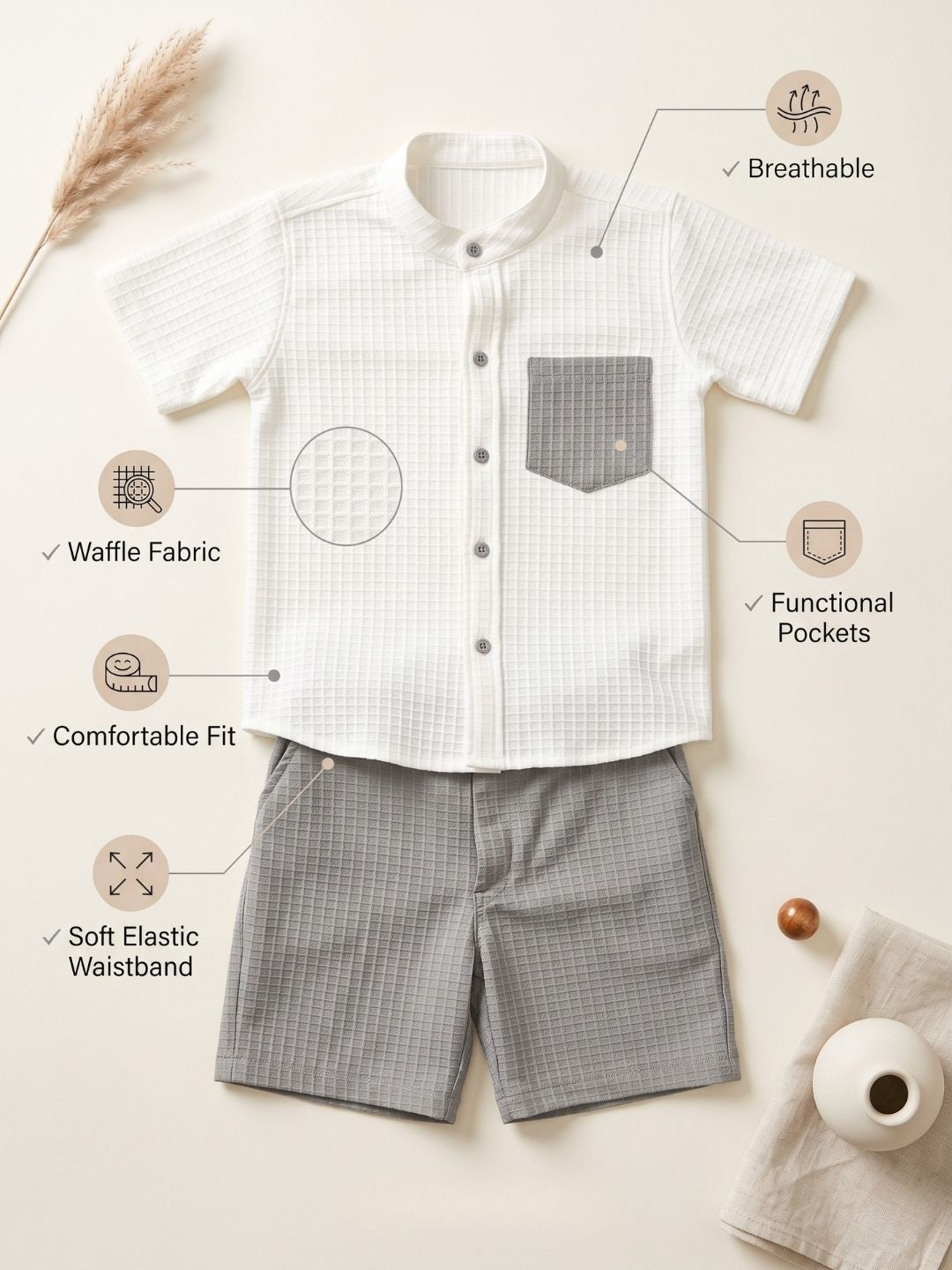 AJ Dezines Grey Box Textured Waffle Fabric Cotton Blend Co-Ords For Boys