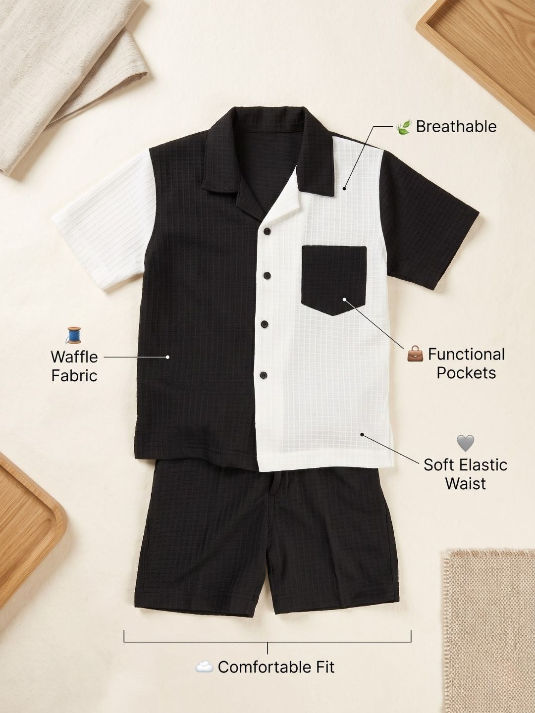 AJ Dezines Black Box Textured Waffle Fabric Color Block Cotton Blend Co-Ords For Boys