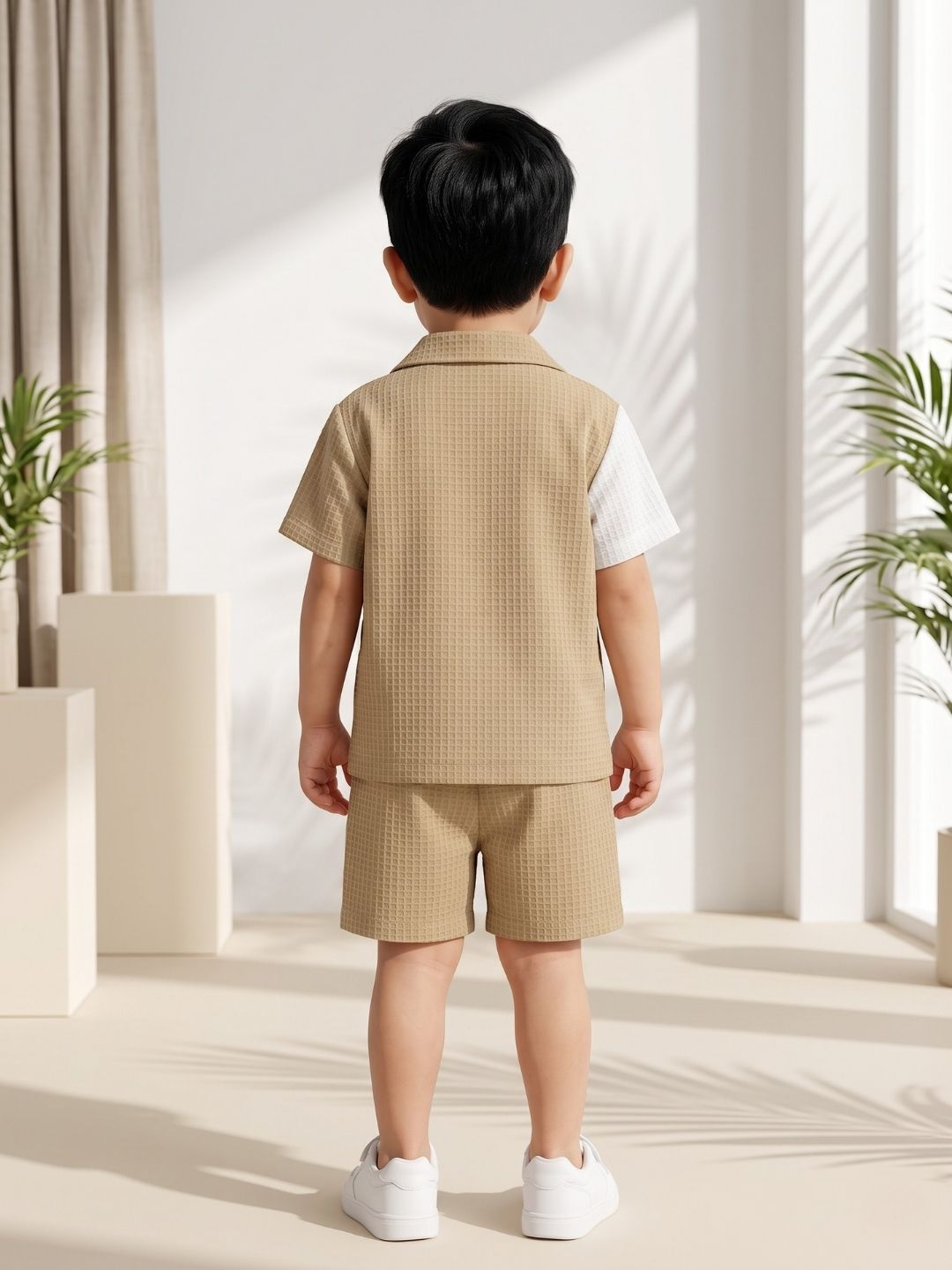 AJ Dezines Brown Box Textured Waffle Fabric Color Block Cotton Blend Co-Ords For Boys