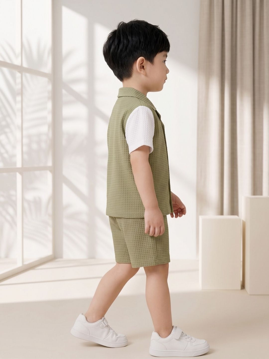 AJ Dezines Green Box Textured Waffle Fabric Color Block Cotton Blend Co-Ords For Boys