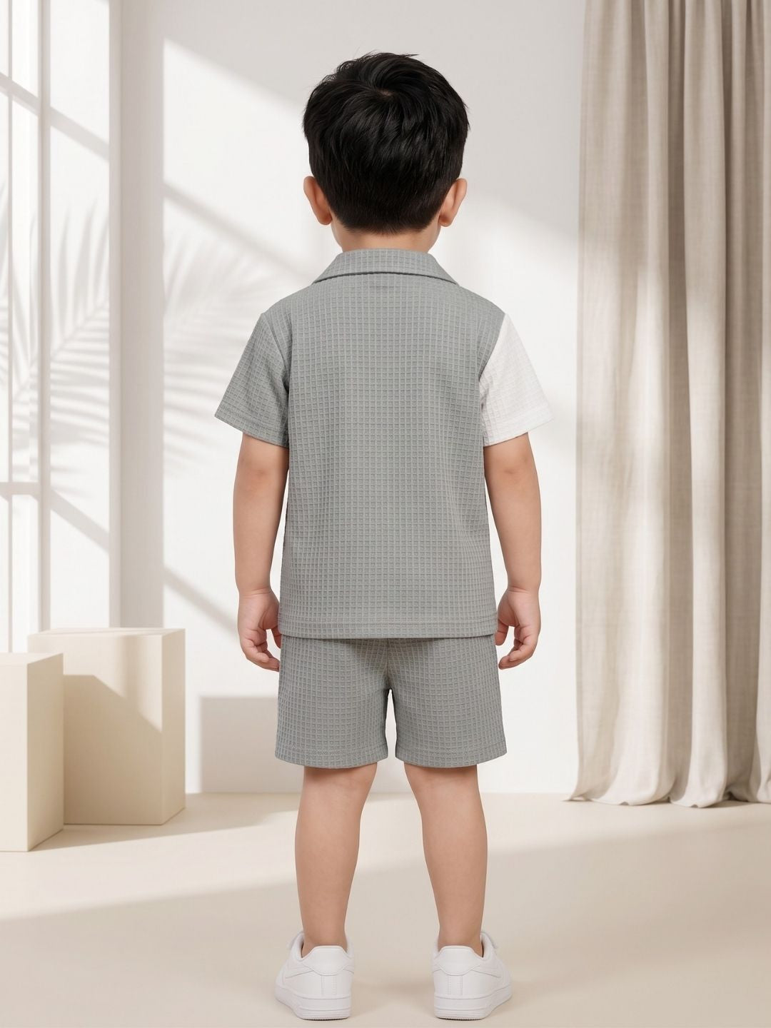 AJ Dezines Grey Box Textured Waffle Fabric Color Block Cotton Blend Co-Ords For Boys