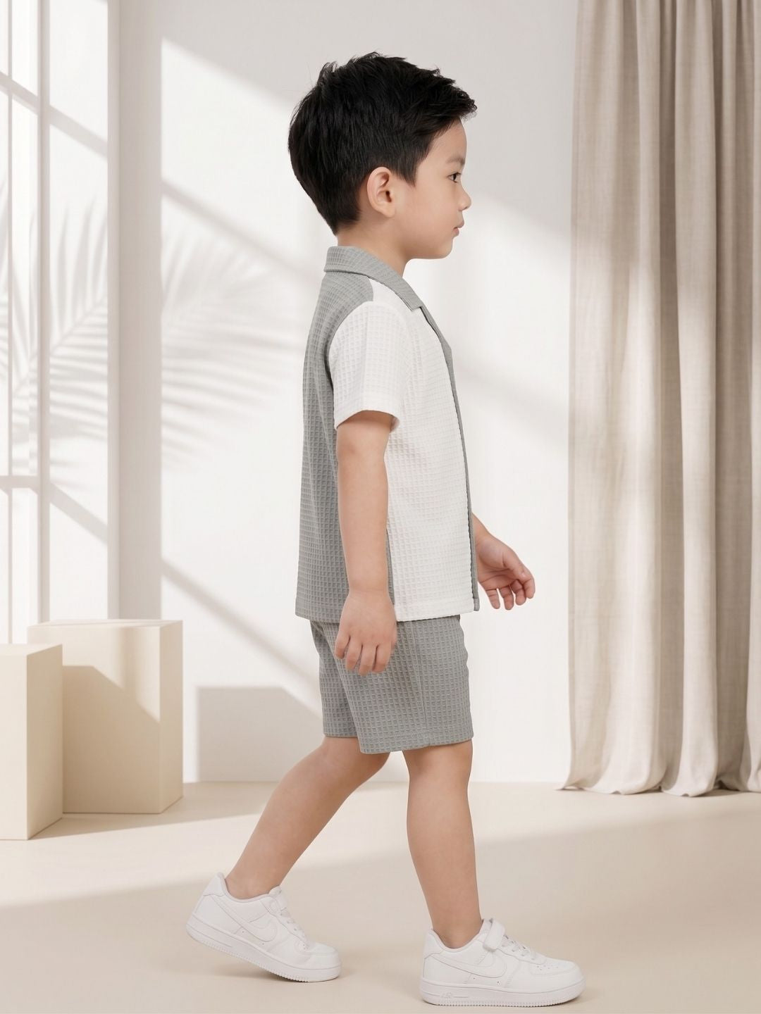 AJ Dezines Grey Box Textured Waffle Fabric Color Block Cotton Blend Co-Ords For Boys