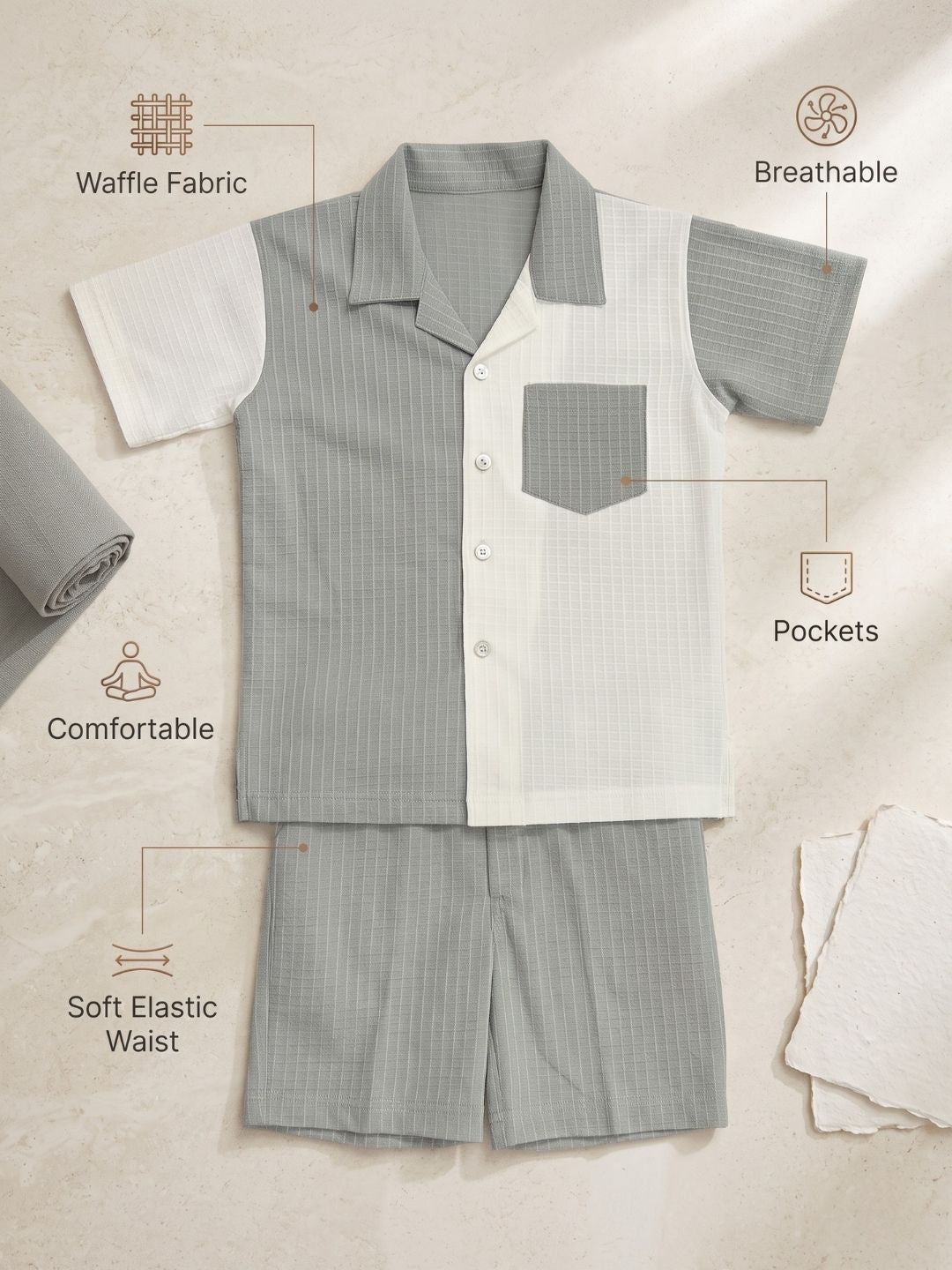 AJ Dezines Grey Box Textured Waffle Fabric Color Block Cotton Blend Co-Ords For Boys