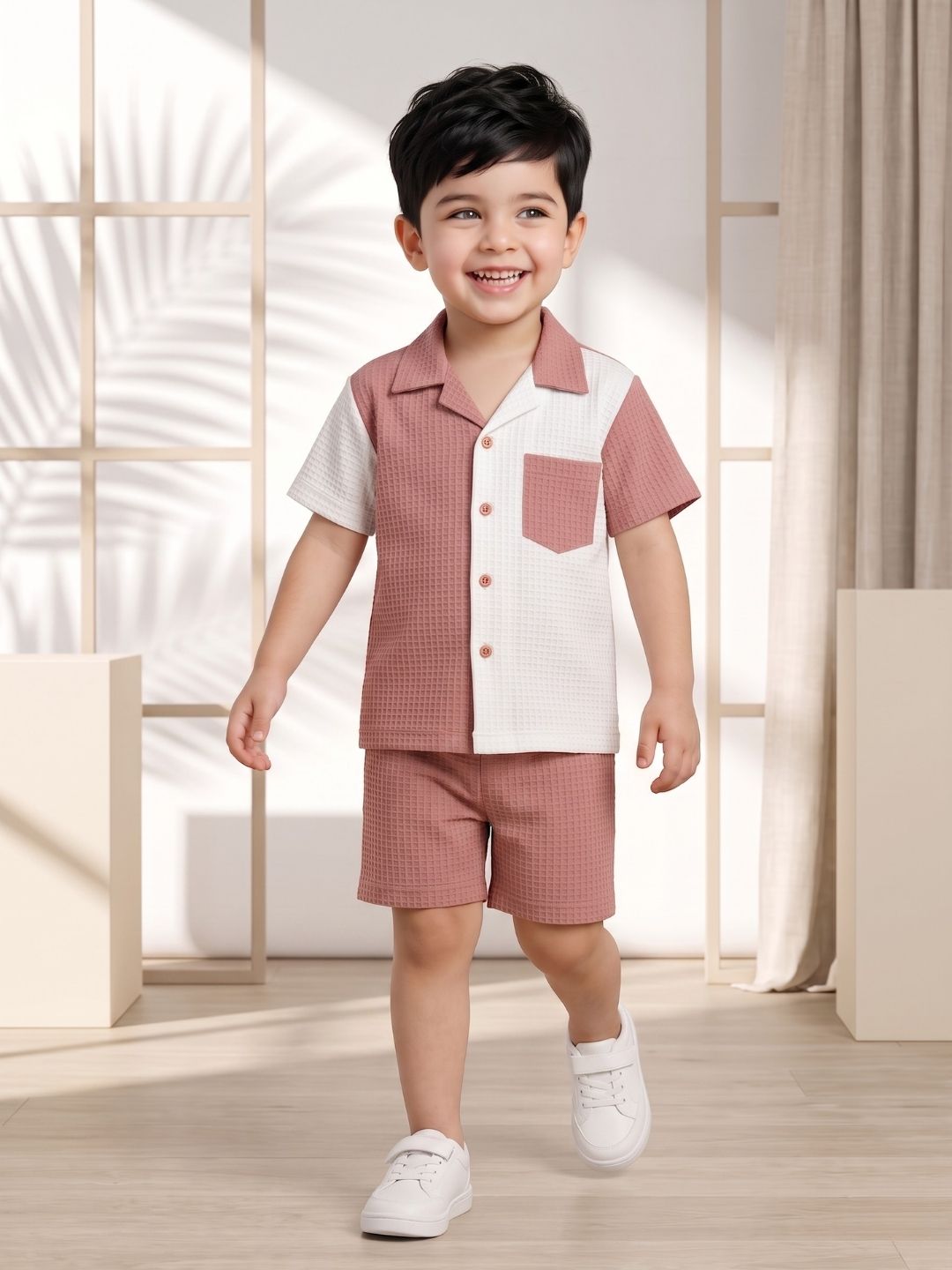 AJ Dezines Pink Box Textured Waffle Fabric Color Block Cotton Blend Co-Ords For Boys