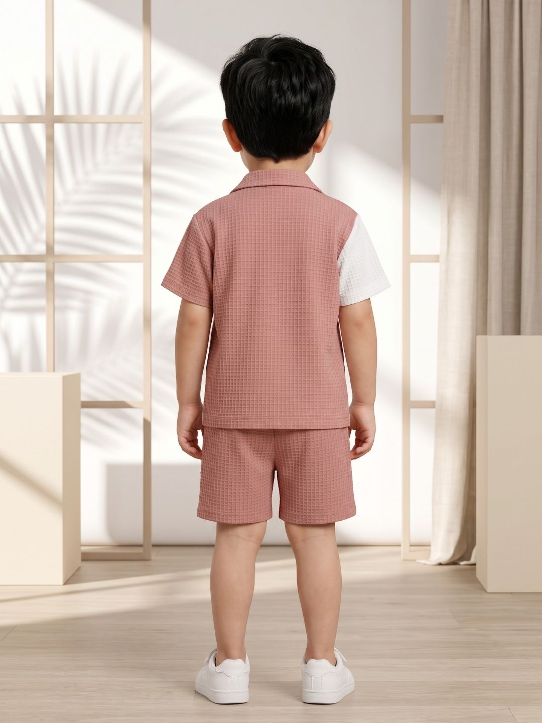 AJ Dezines Pink Box Textured Waffle Fabric Color Block Cotton Blend Co-Ords For Boys