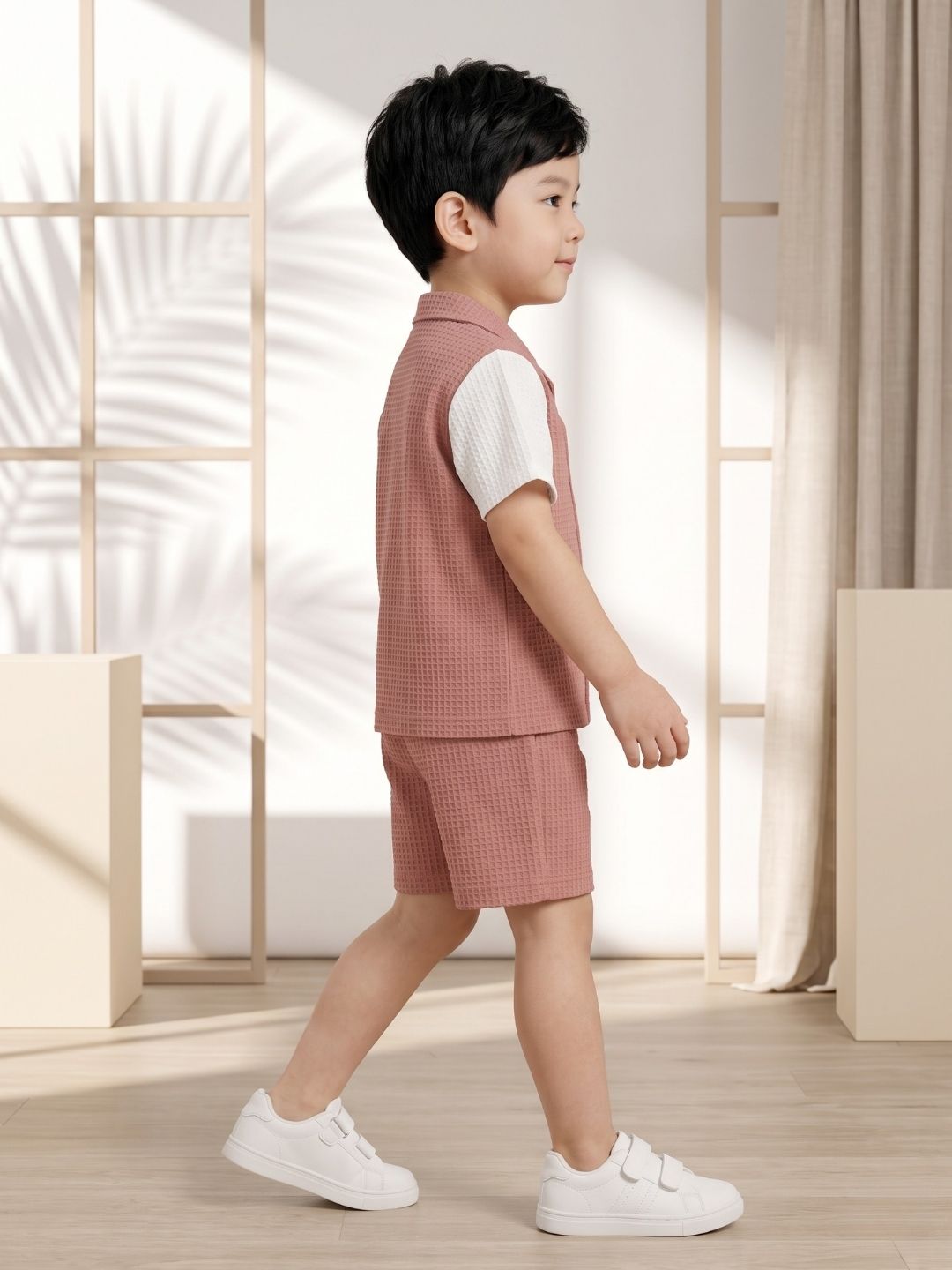 AJ Dezines Pink Box Textured Waffle Fabric Color Block Cotton Blend Co-Ords For Boys