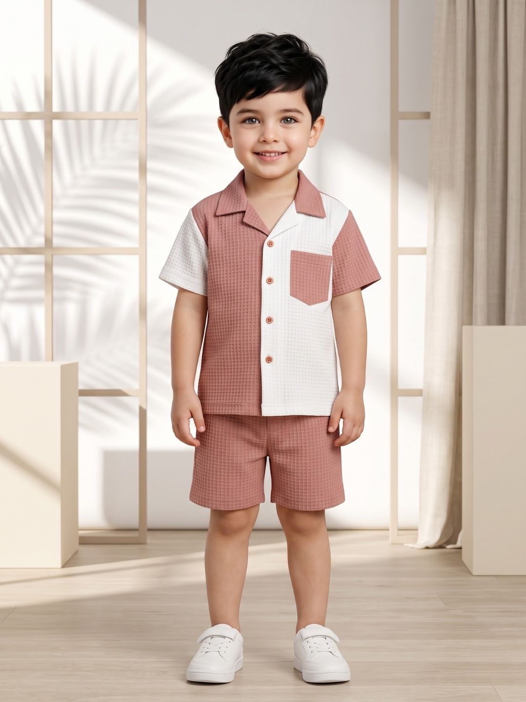 AJ Dezines Pink Box Textured Waffle Fabric Color Block Cotton Blend Co-Ords For Boys