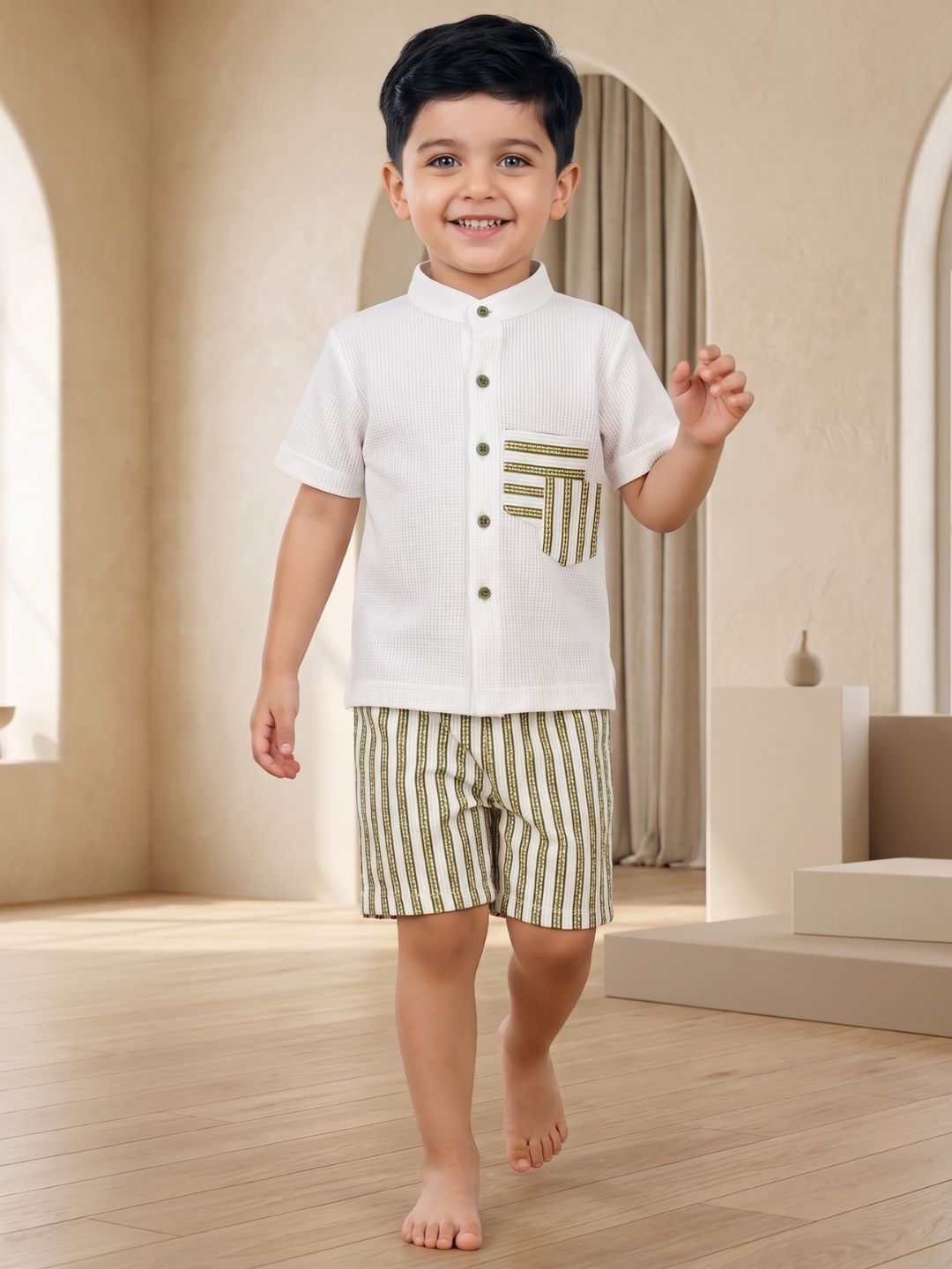 AJ Dezines Green Stripe Cotton Blend Co-Ords Set For Boys
