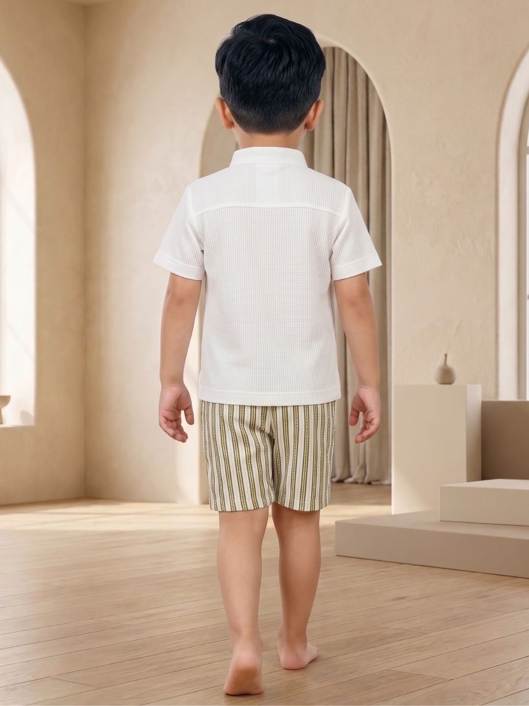 AJ Dezines Green Stripe Cotton Blend Co-Ords Set For Boys