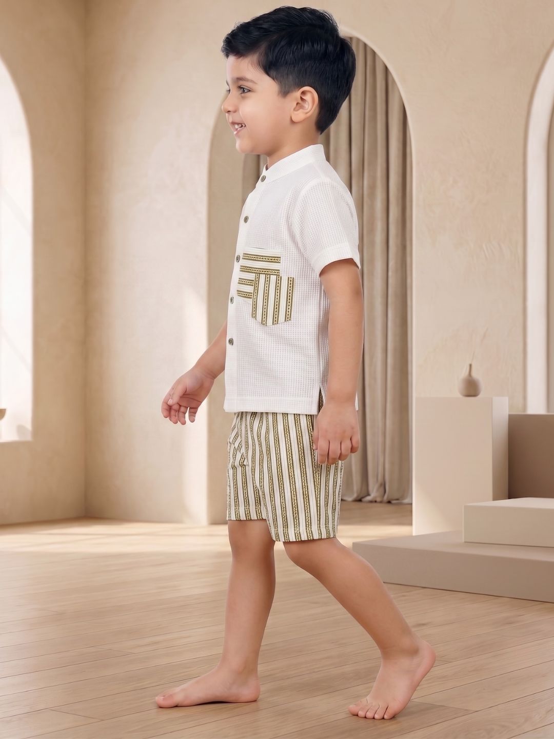 AJ Dezines Green Stripe Cotton Blend Co-Ords Set For Boys