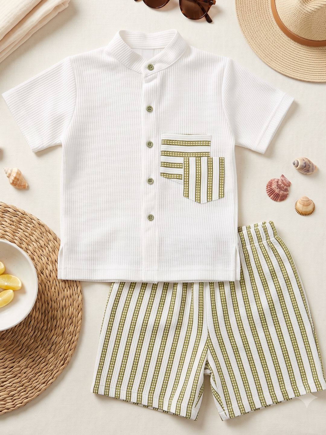 AJ Dezines Green Stripe Cotton Blend Casual Wear Sibling Co-Ord Set for Kids | Matching Brother & Sister Outfit
