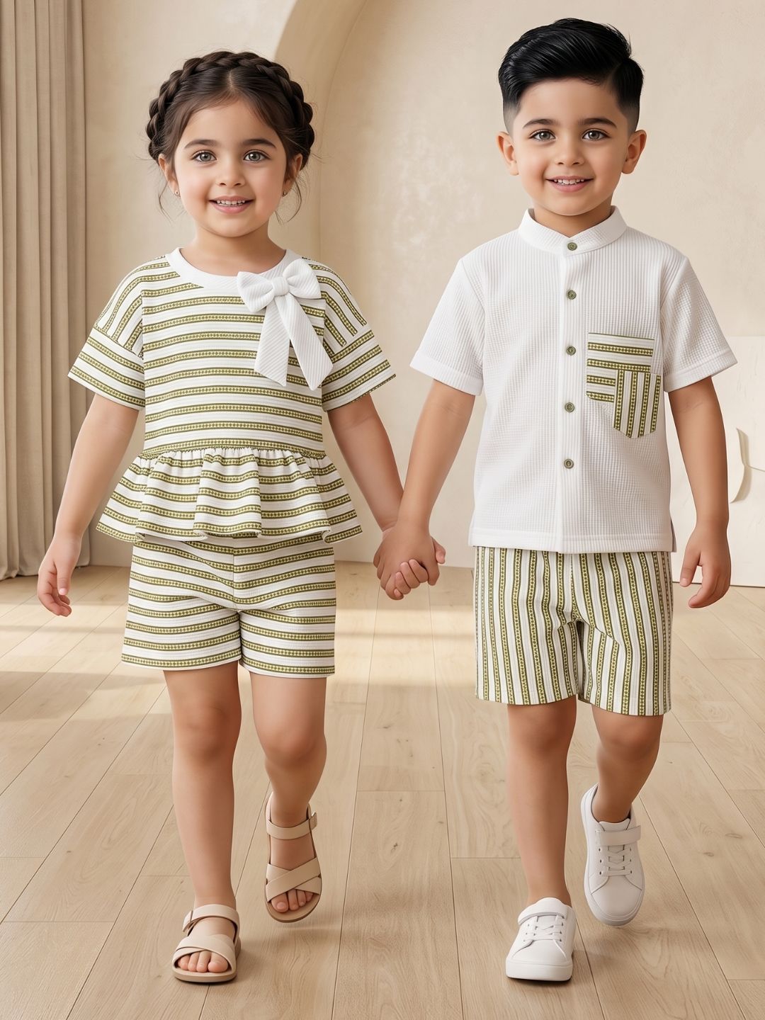 AJ Dezines Green Stripe Cotton Blend Co-Ords Set For Boys