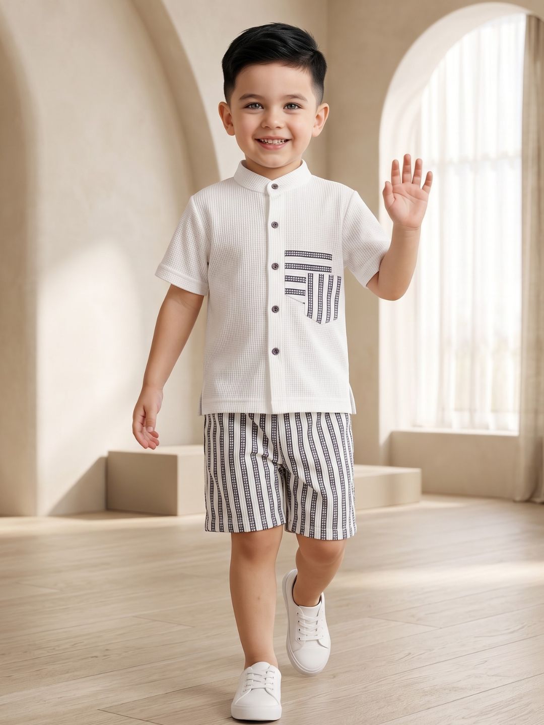 AJ Dezines Grey Stripe Cotton Blend Co-Ords Set For Boys