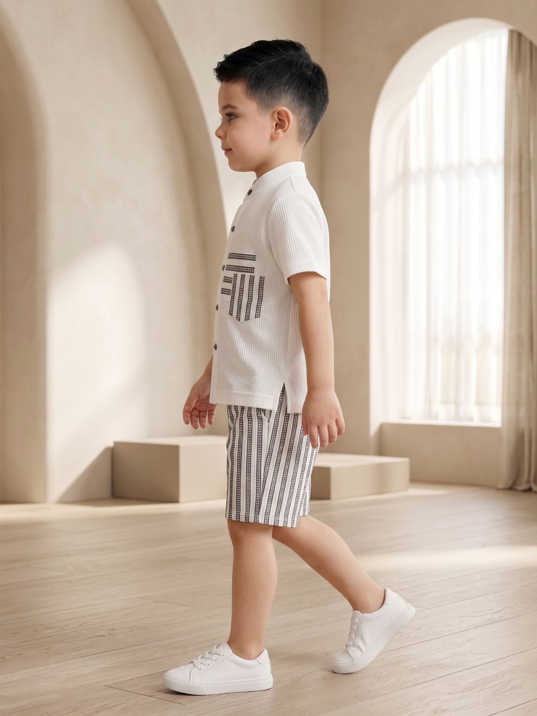 AJ Dezines Grey Stripe Cotton Blend Co-Ords Set For Boys