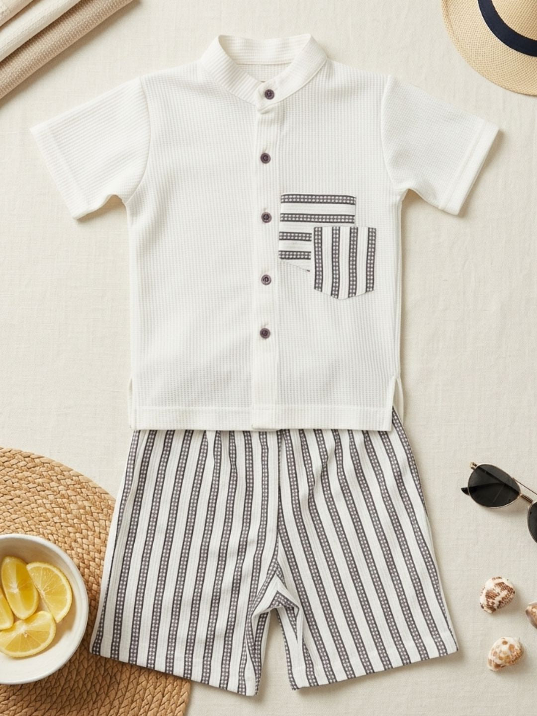 AJ Dezines Grey Stripe Cotton Blend Co-Ords Set For Boys