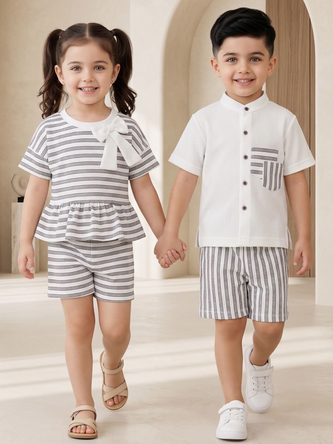 AJ Dezines Grey Stripe Cotton Blend Co-Ords Set For Boys