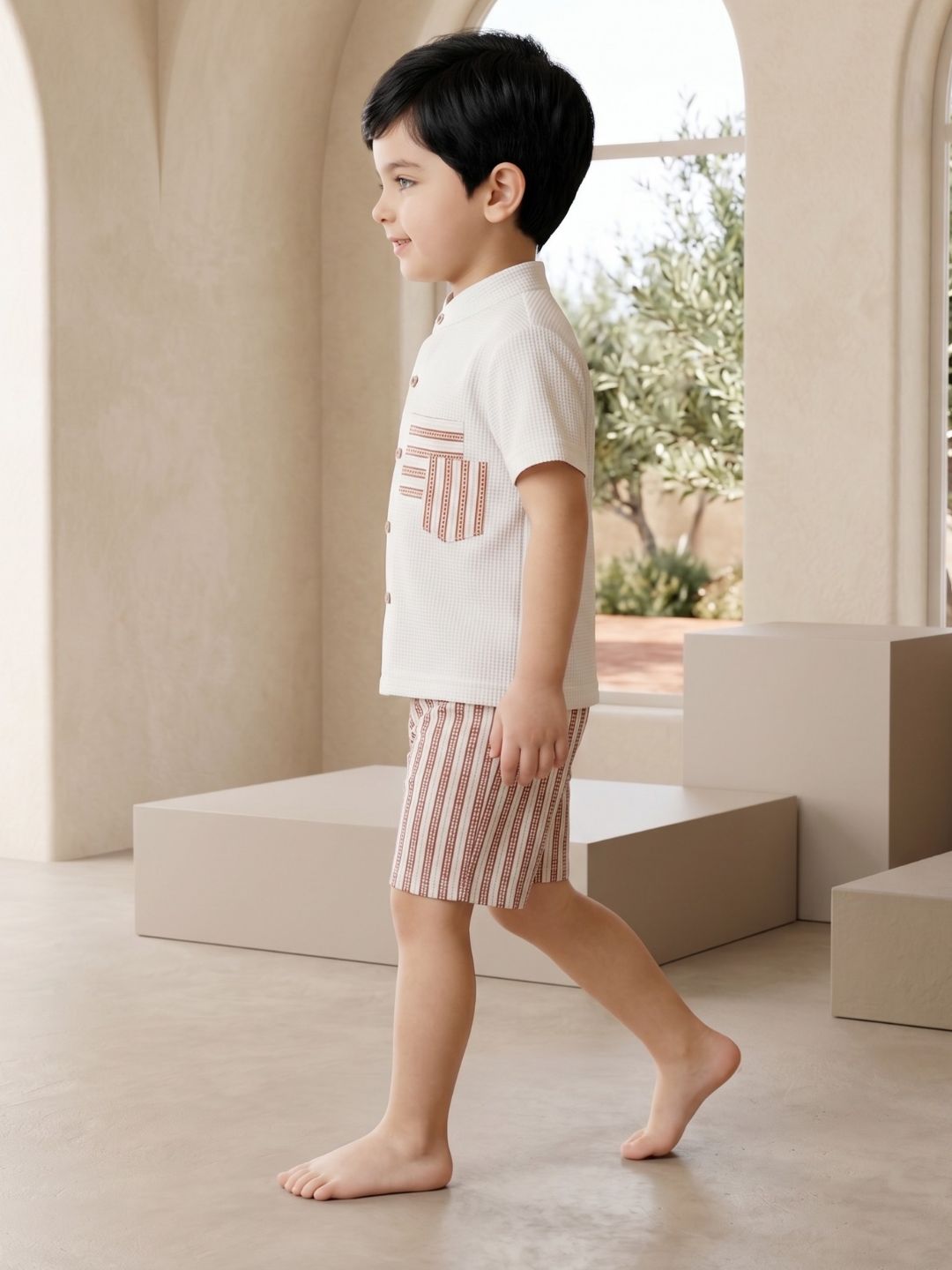 AJ Dezines Orange Stripe Cotton Blend Co-Ords Set For Boys