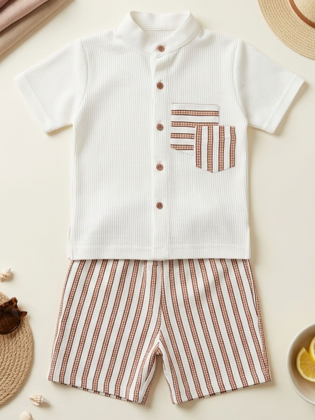 AJ Dezines Orange Stripe Cotton Blend Co-Ords Set For Boys