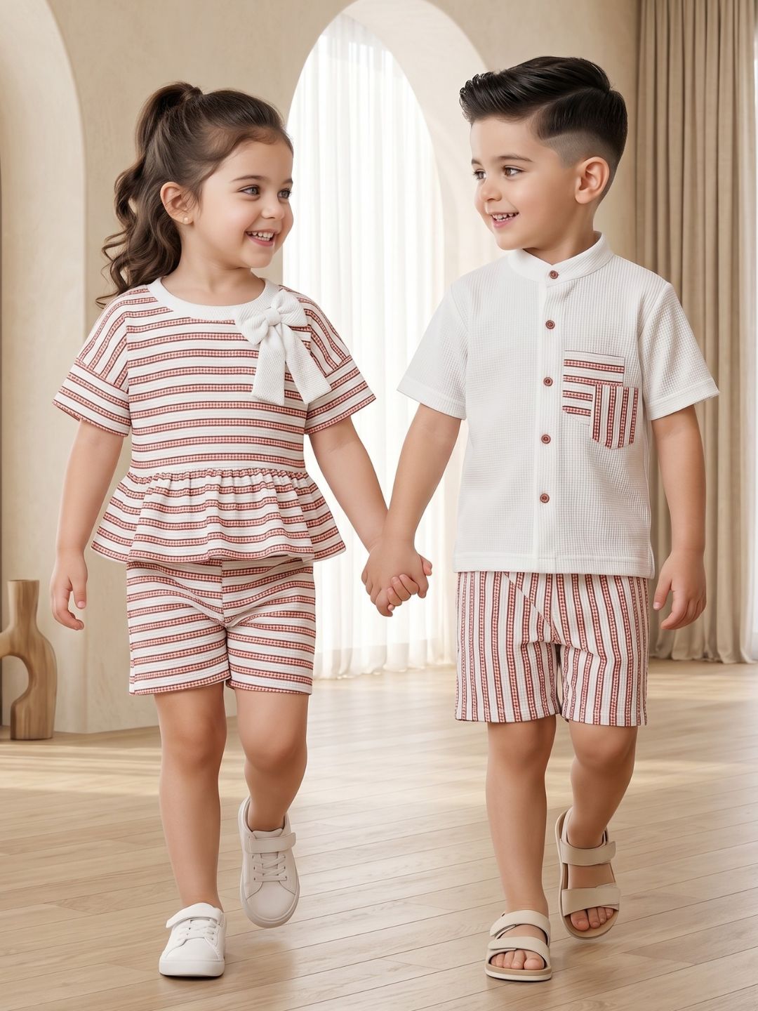 AJ Dezines Orange Stripe Cotton Blend Co-Ords Set For Boys