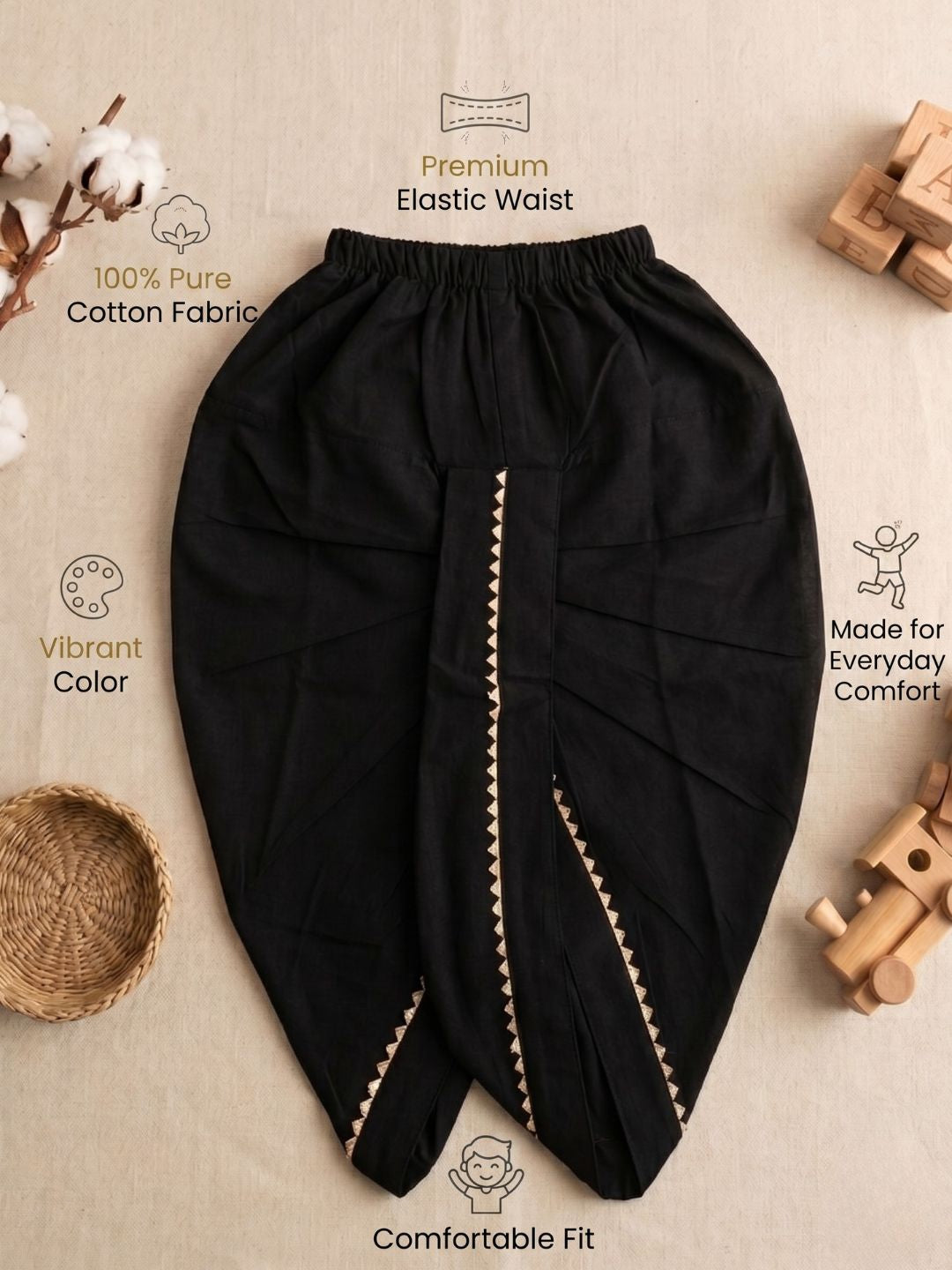 Black Solid with Gotta Lace Pure Cotton Traditional Ethnic Wear Dhoti For Kids Boys