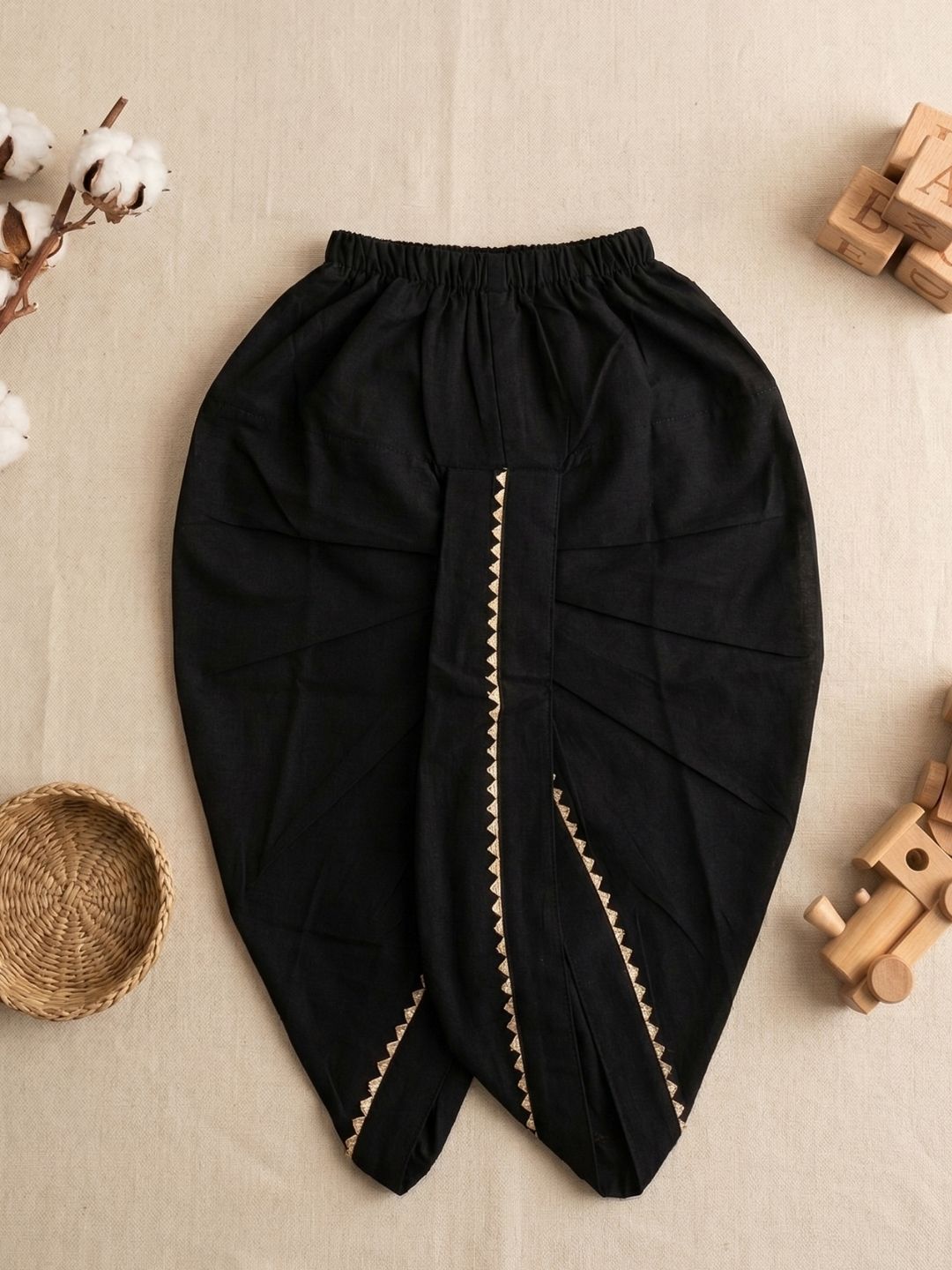 Black Solid with Gotta Lace Pure Cotton Traditional Ethnic Wear Dhoti For Kids Boys
