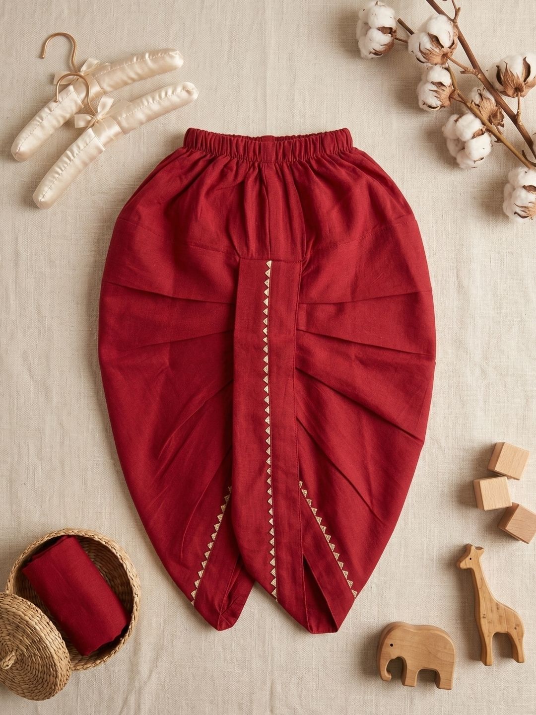 Red Solid with Gotta Lace Pure Cotton Dhoti For Boys