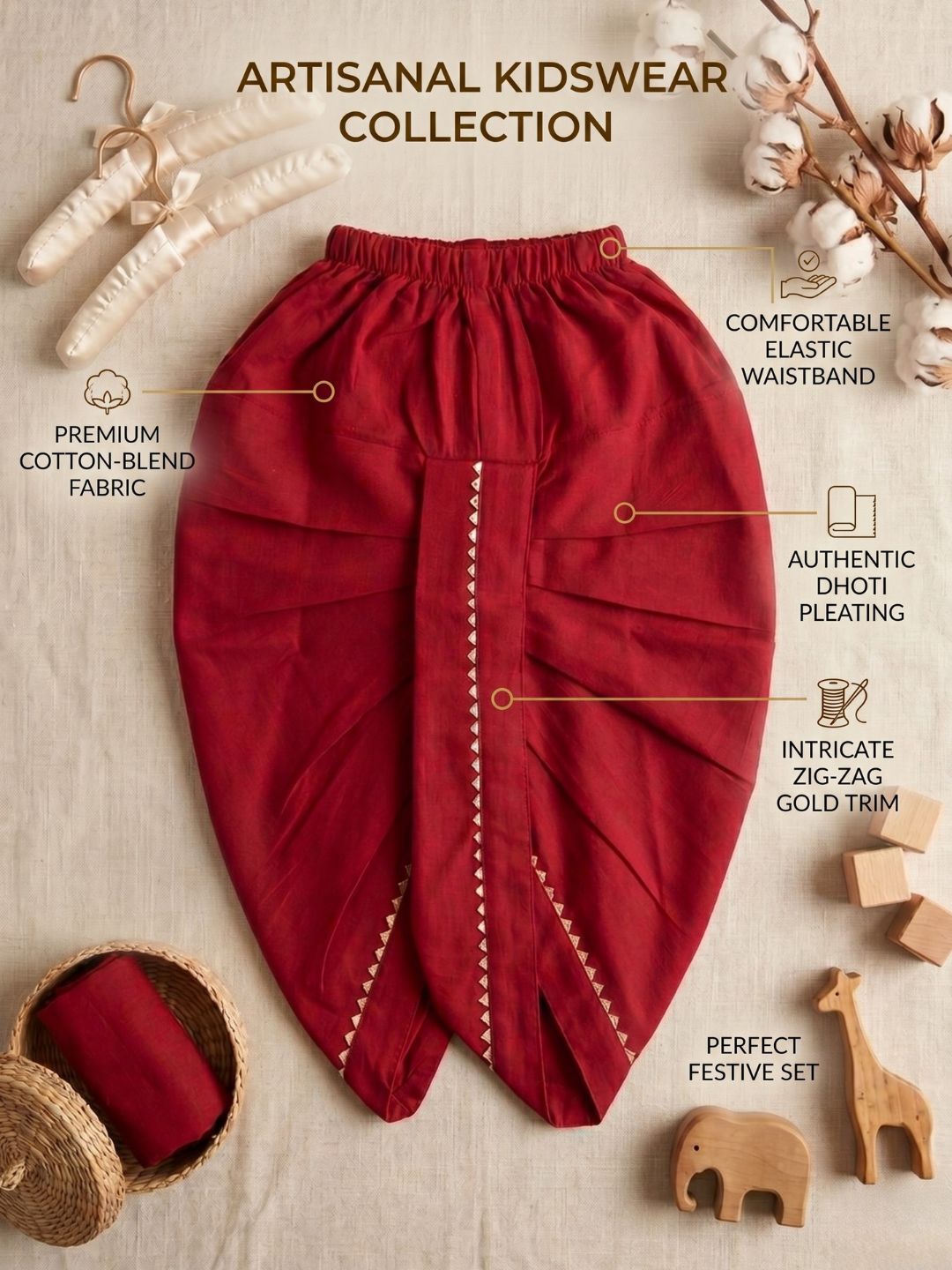 Red Solid with Gotta Lace Pure Cotton Dhoti For Boys