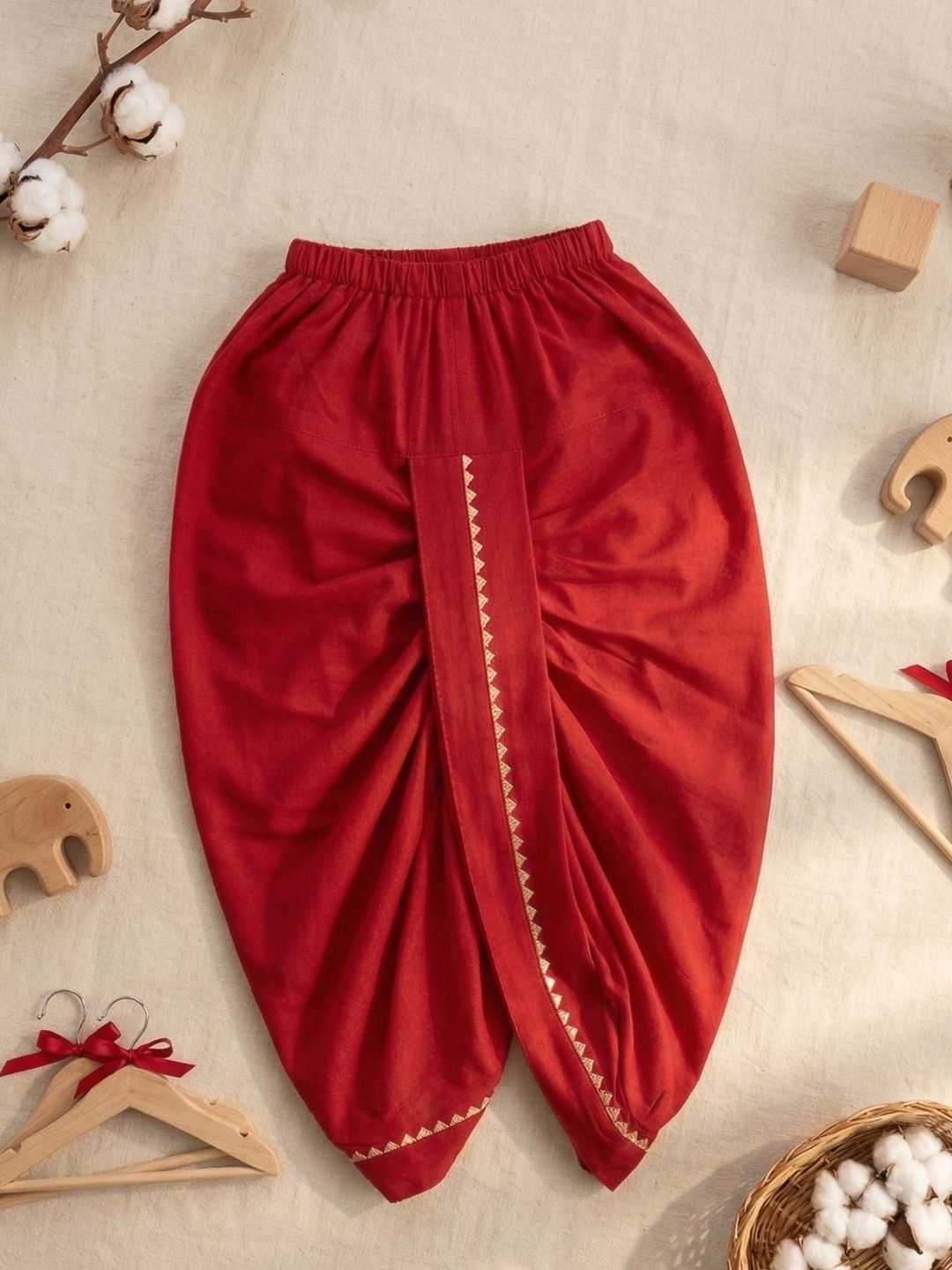 Red Solid with Gotta Lace Pure Cotton Dhoti For Boys