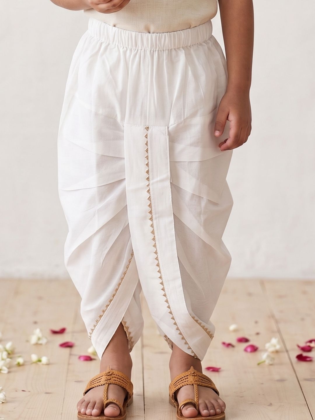 White Solid with Gotta Lace Pure Cotton Traditional Ethnic Wear Dhoti For Kids Boys