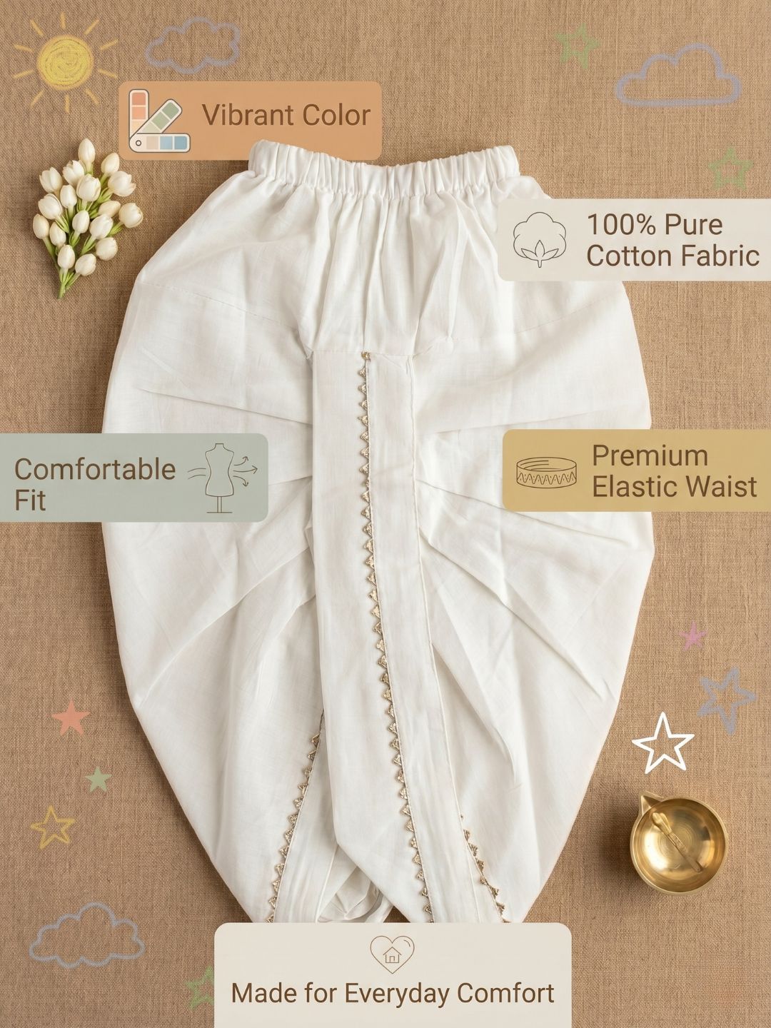 White Solid with Gotta Lace Pure Cotton Traditional Ethnic Wear Dhoti For Kids Boys