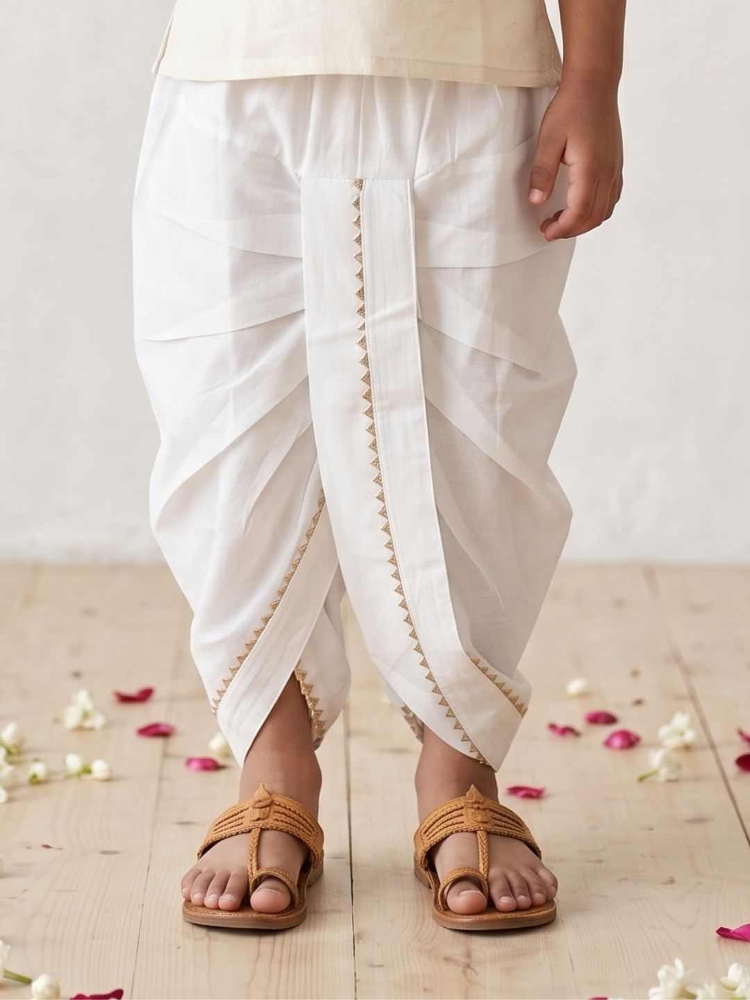 White Solid with Gotta Lace Pure Cotton Traditional Ethnic Wear Dhoti For Kids Boys