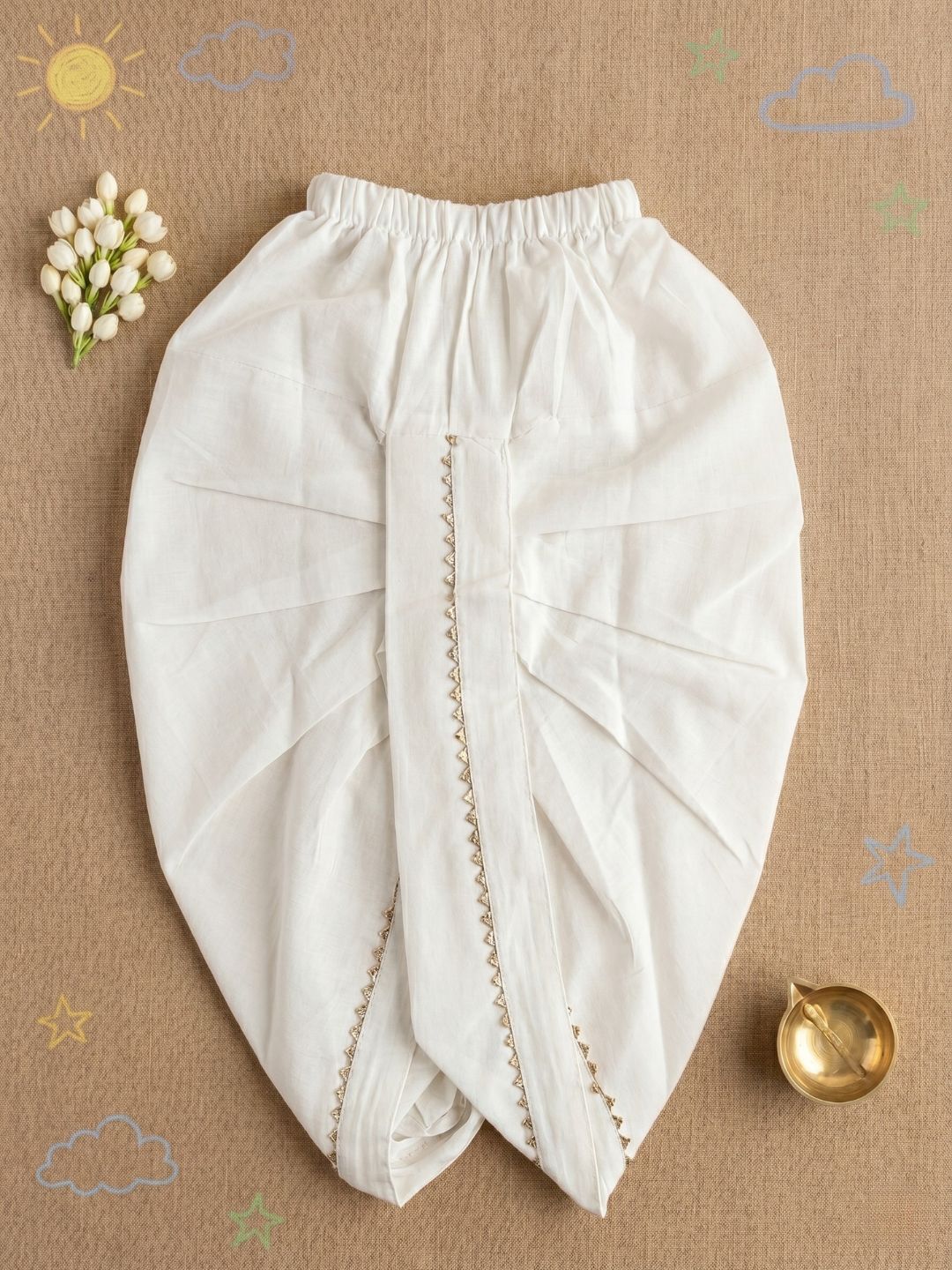 White Solid with Gotta Lace Pure Cotton Traditional Ethnic Wear Dhoti For Kids Boys