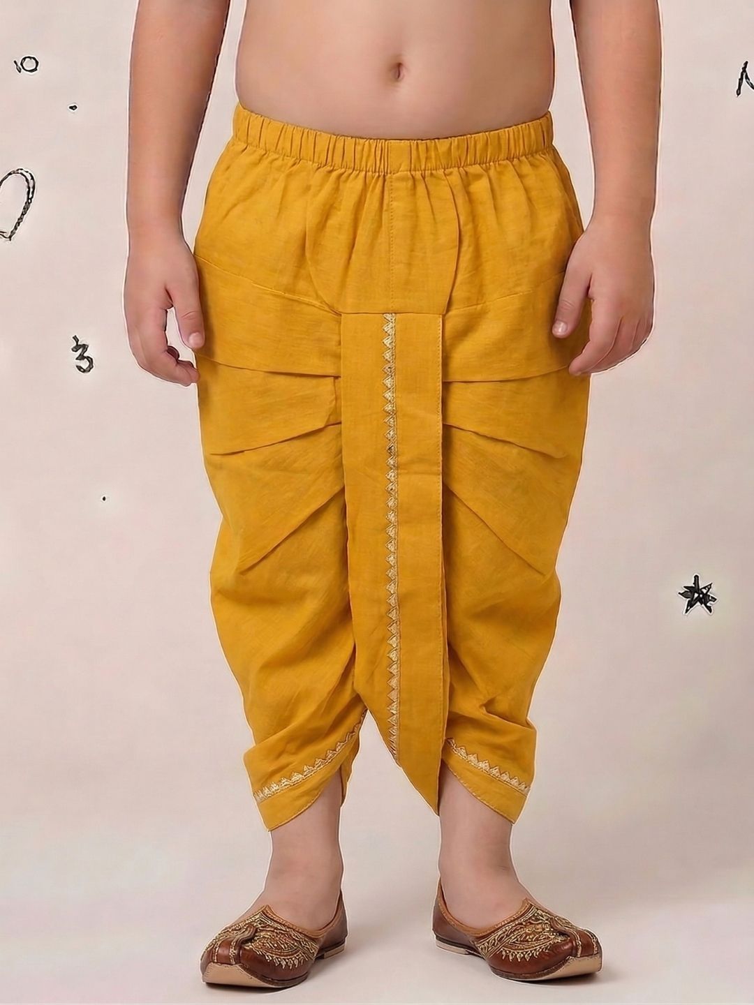 Yellow Solid with Gotta Lace Pure Cotton Traditional Ethnic Wear Dhoti For Kids Boys
