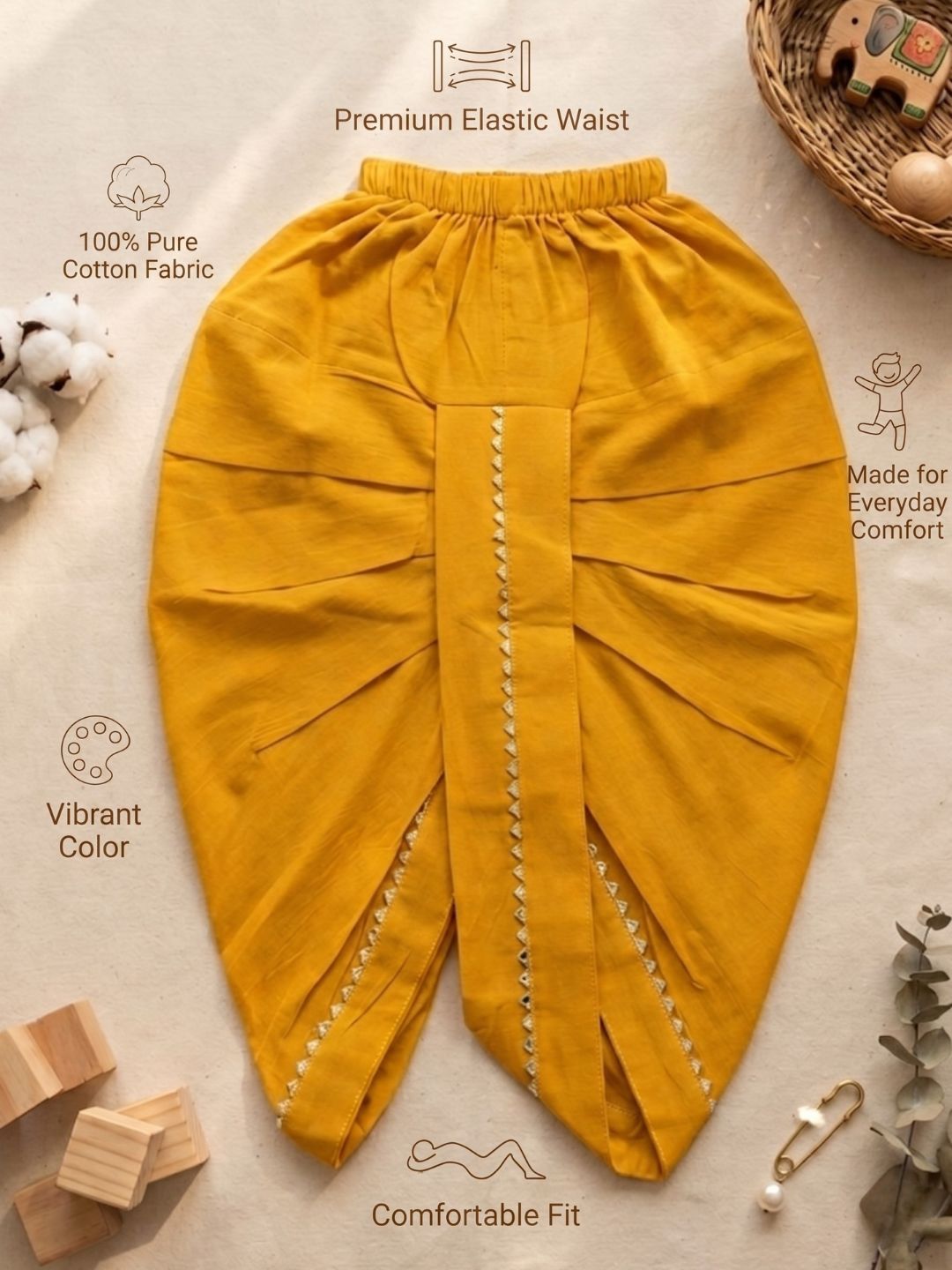 Yellow Solid with Gotta Lace Pure Cotton Traditional Ethnic Wear Dhoti For Kids Boys