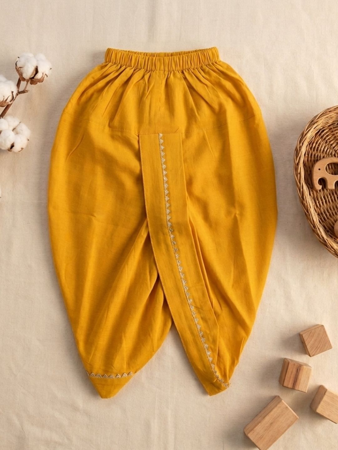 Yellow Solid with Gotta Lace Pure Cotton Traditional Ethnic Wear Dhoti For Kids Boys