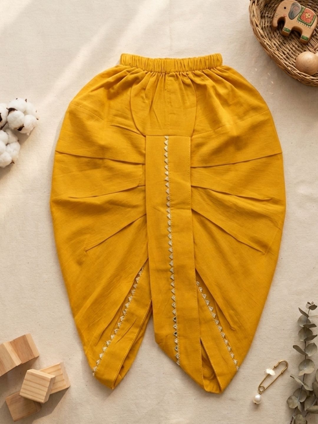 Yellow Solid with Gotta Lace Pure Cotton Traditional Ethnic Wear Dhoti For Kids Boys