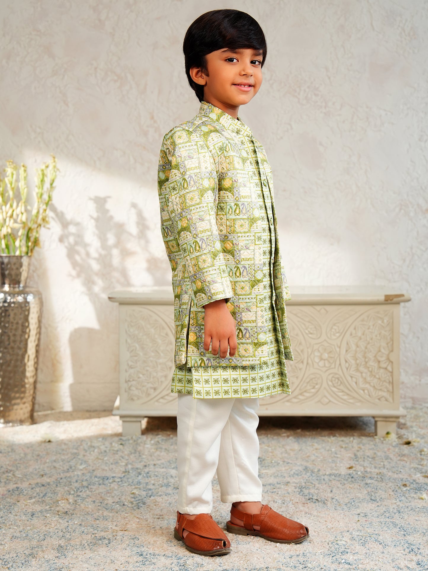 AJ Dezines Green Jacquard Full Sleeves Rich Floral Embroidery Sherwani