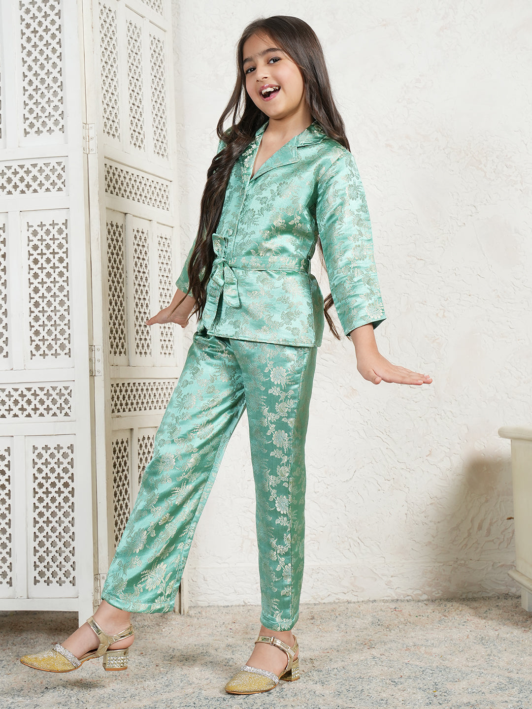 Floral Print Green Brocade 3/4th Sleeves Co-Ord Set for Girls