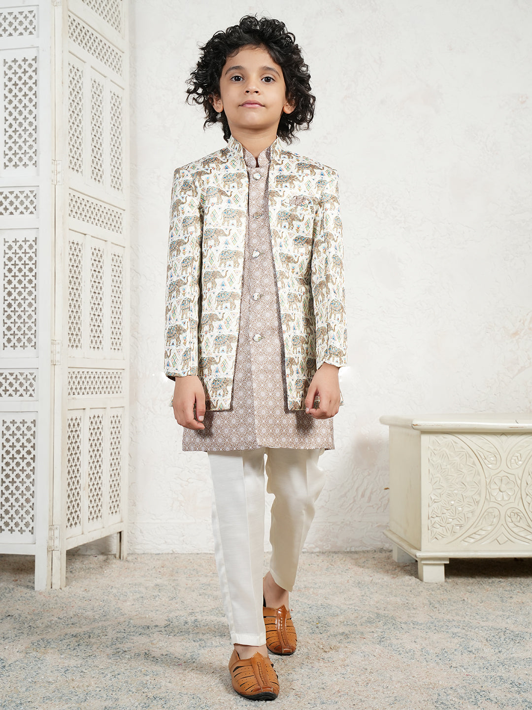 Brown Jacquard Full Sleeves Rich Elephant Embroidery Sherwani for boys