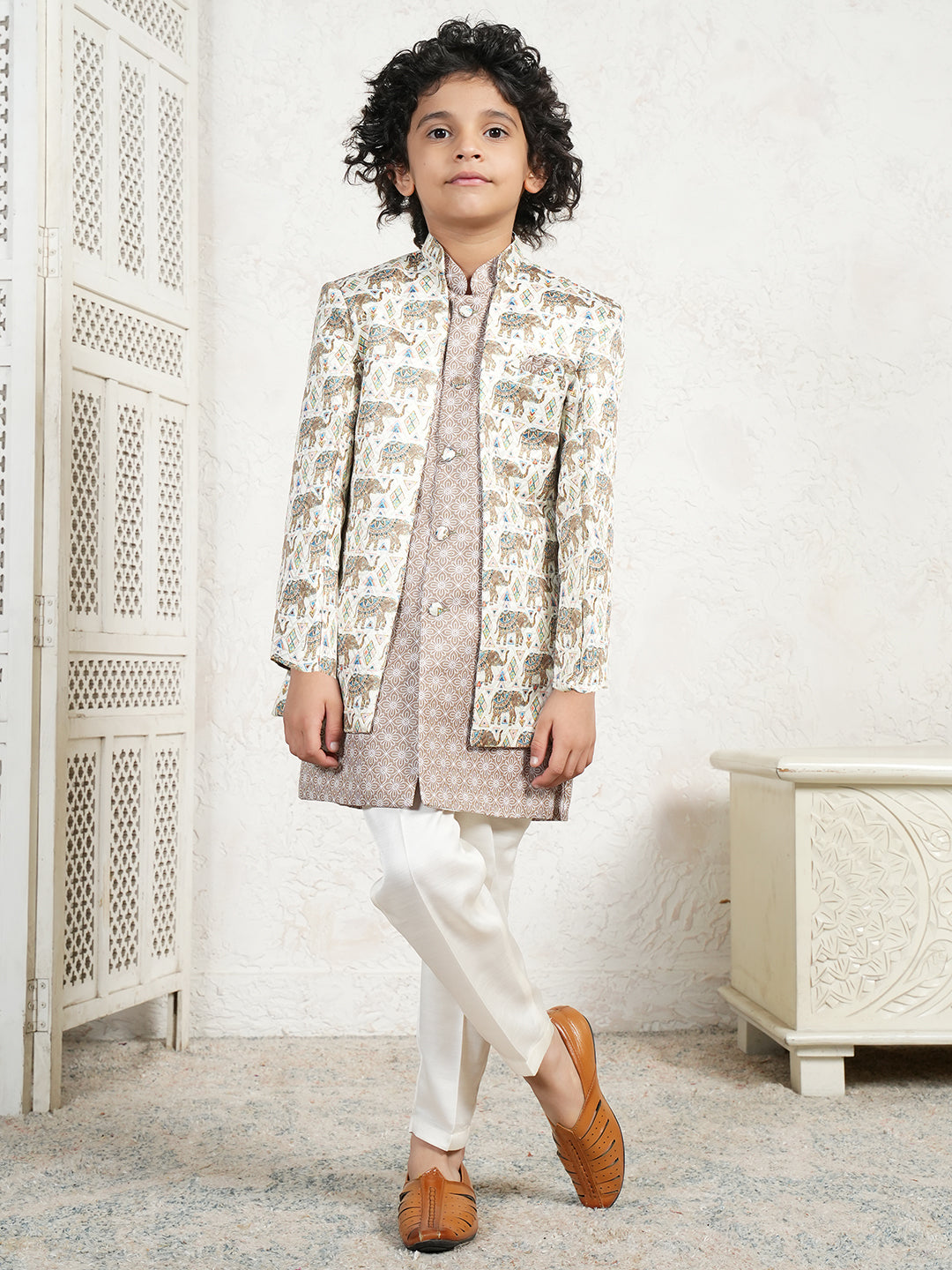 Brown Jacquard Full Sleeves Rich Elephant Embroidery Sherwani for boys