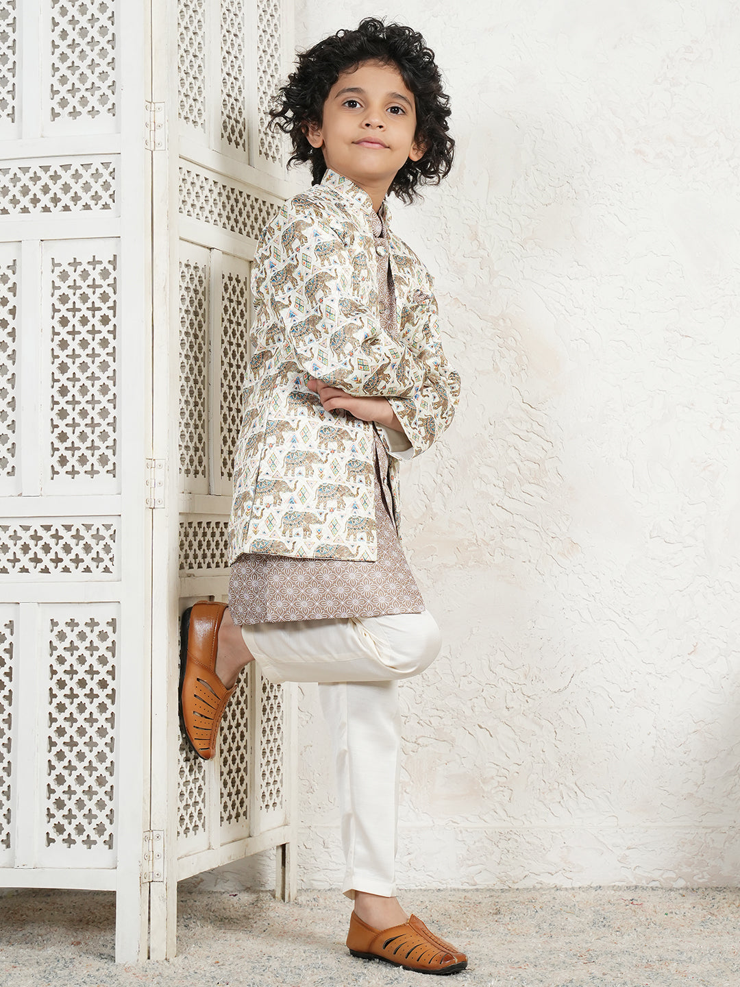 Brown Jacquard Full Sleeves Rich Elephant Embroidery Sherwani for boys