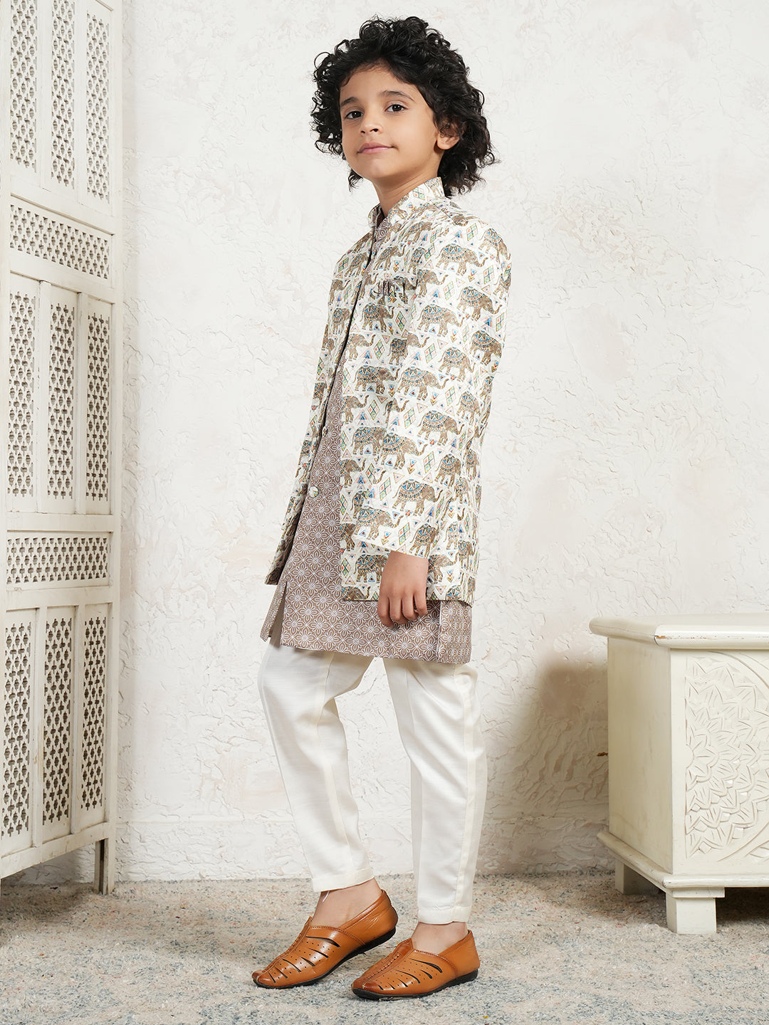 AJ Dezines Brown Jacquard Full Sleeves Rich Elephant Embroidery Sherwani