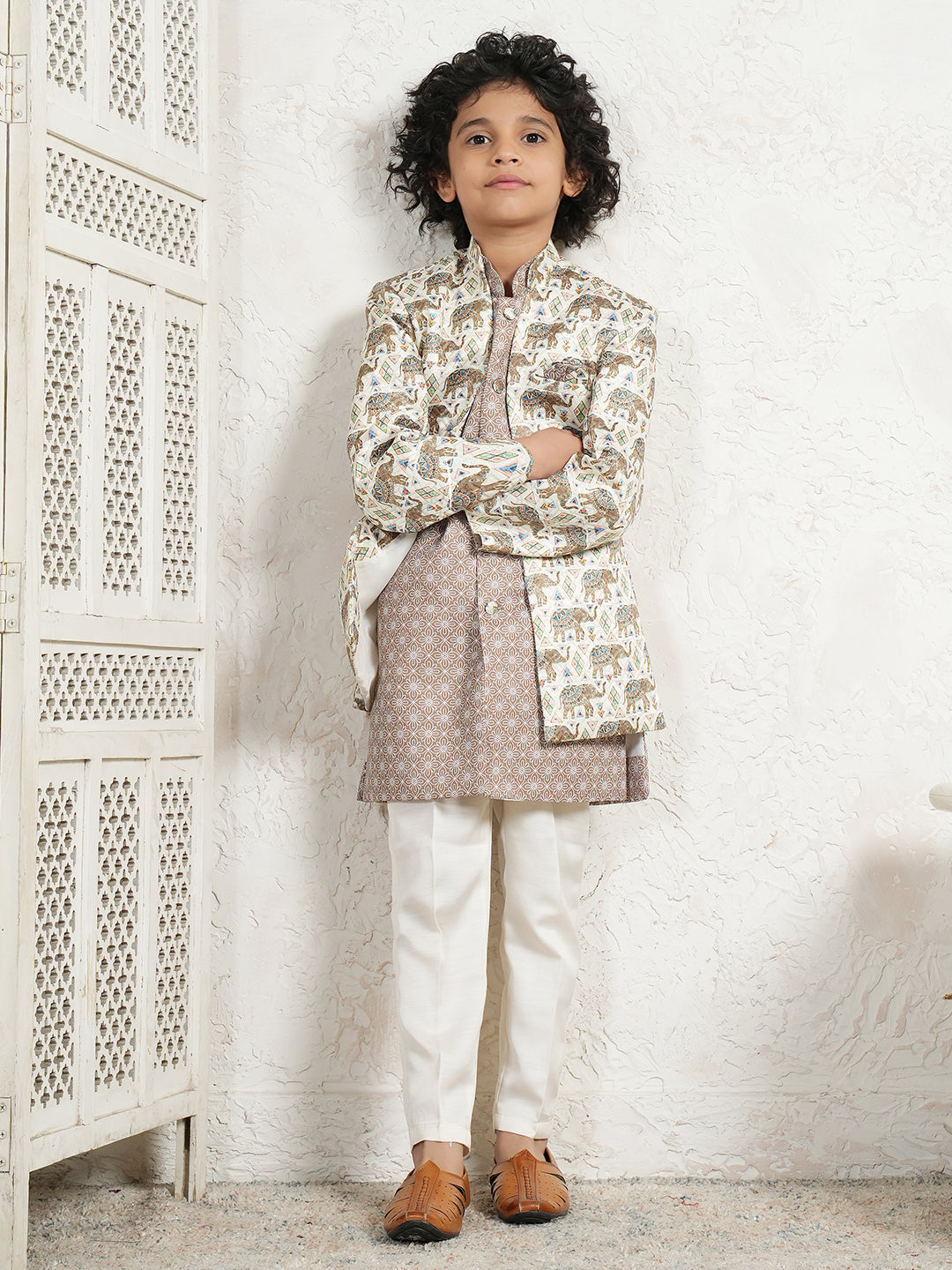 AJ Dezines Brown Jacquard Full Sleeves Rich Elephant Embroidery Sherwani