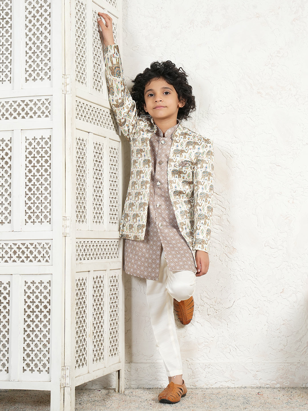 Brown Jacquard Full Sleeves Rich Elephant Embroidery Sherwani for boys