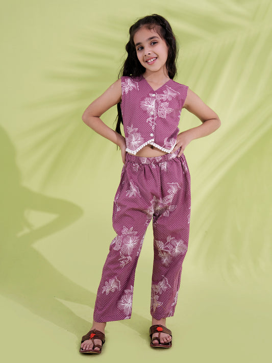 AJ Dezines Purple Cotton Sleeveless Printed Girls Co-Ords